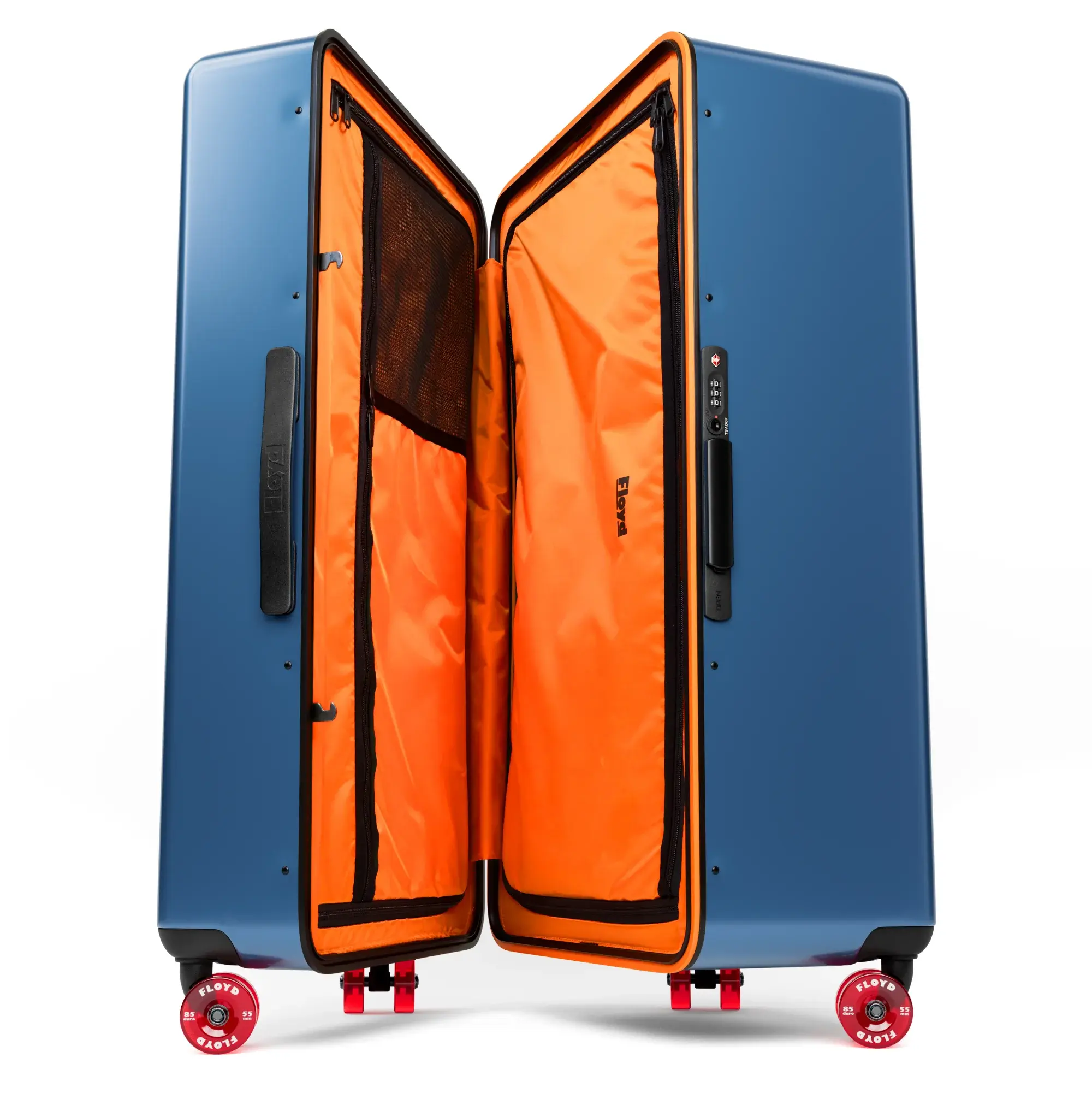 Open interior of the Floyd Bold suitcase in Pacific Blue