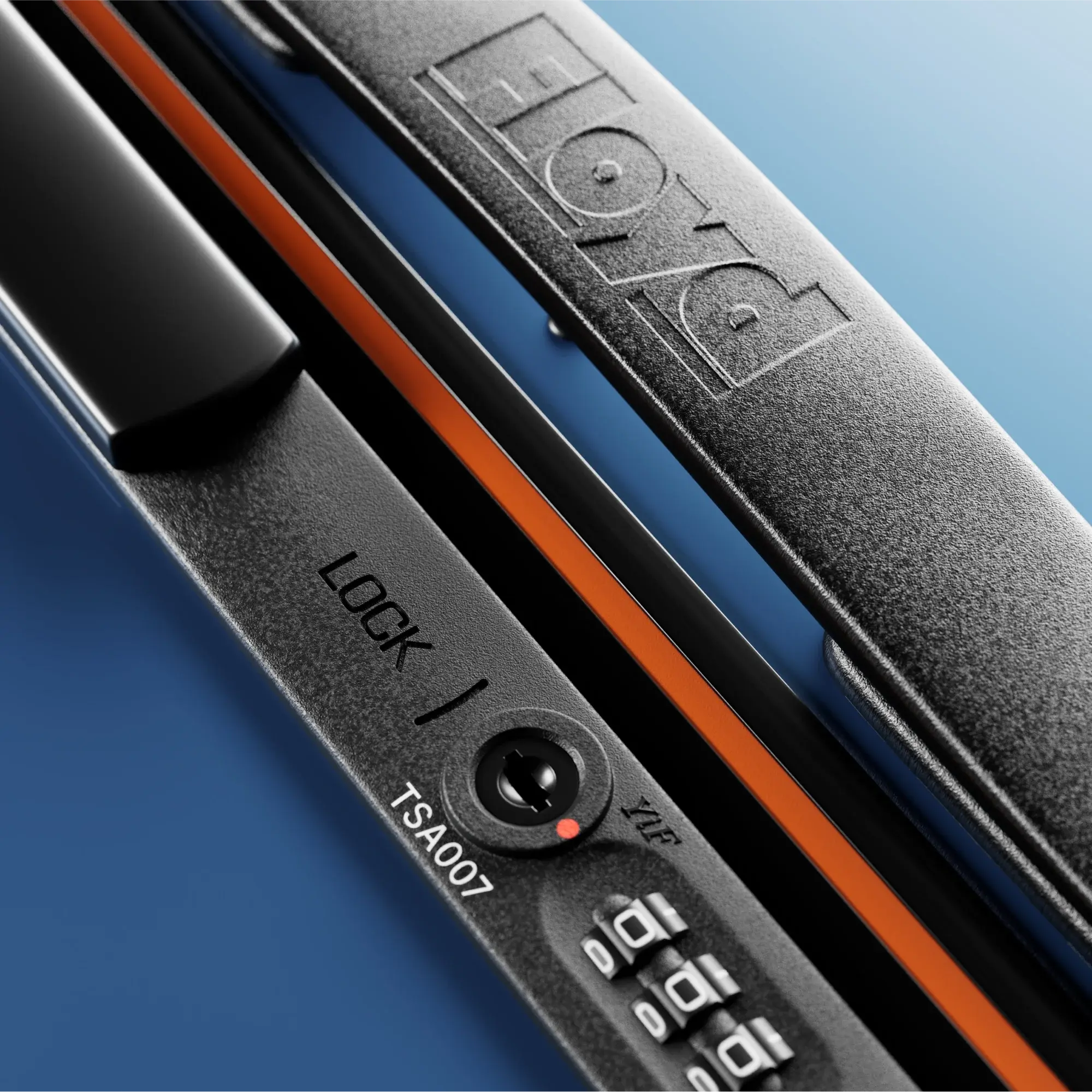 TSA combination lock detail on the Floyd Bold suitcase in Pacific Blue