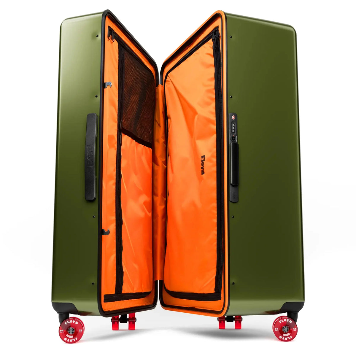 Open interior of the Floyd Bold suitcase in Vegas Green