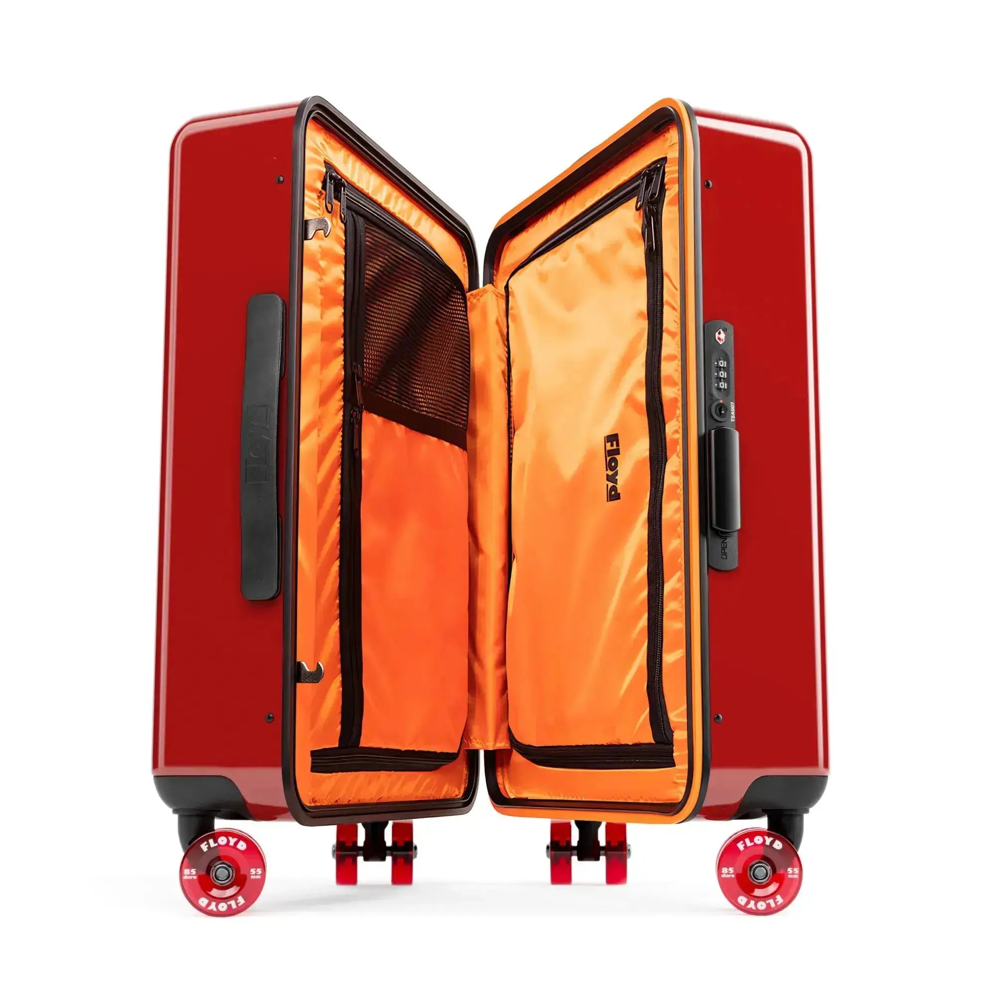 Open interior of the Floyd Cabin suitcase in Bahia Red