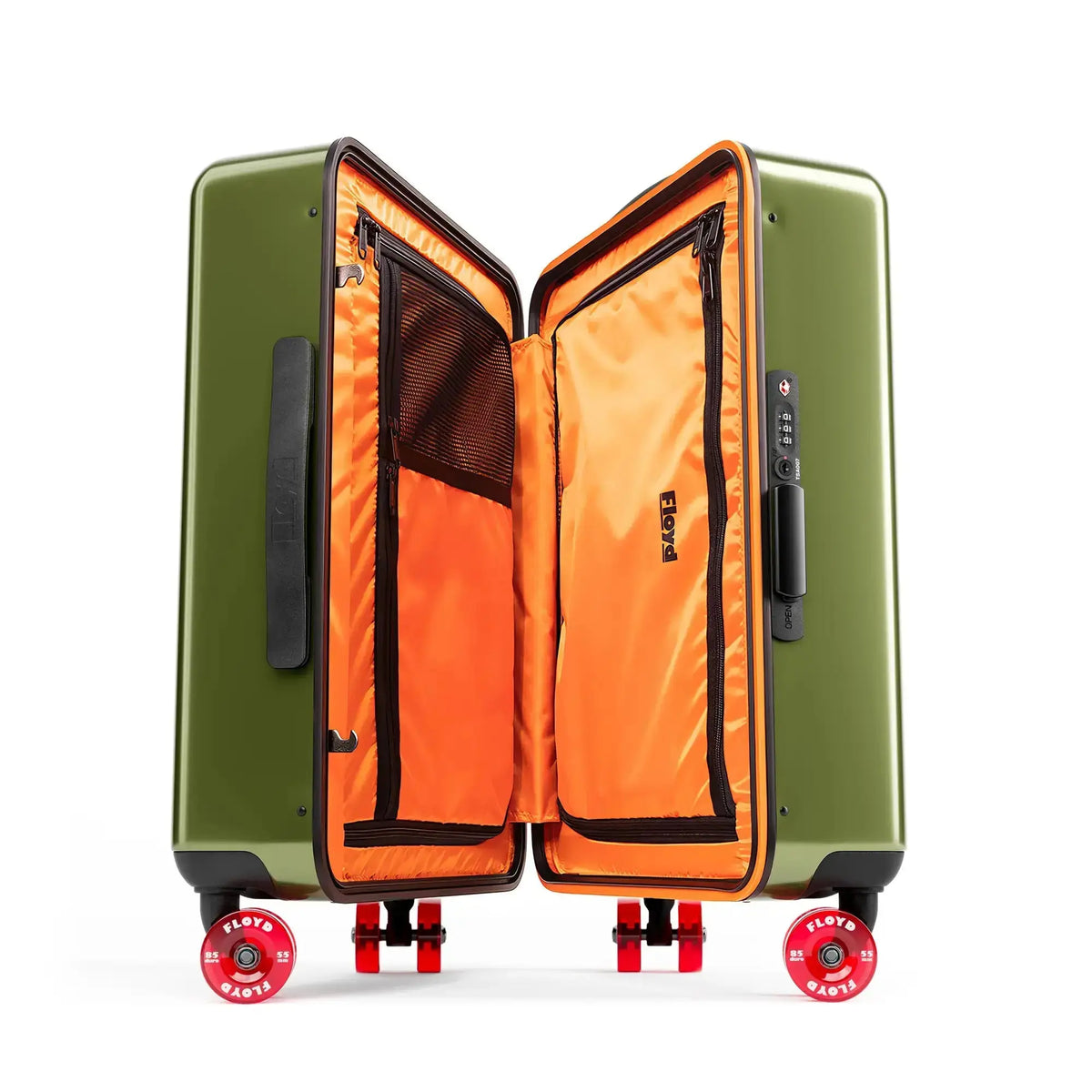 Intérieur ouvert de la valise Floyd Compact en Vegas Green