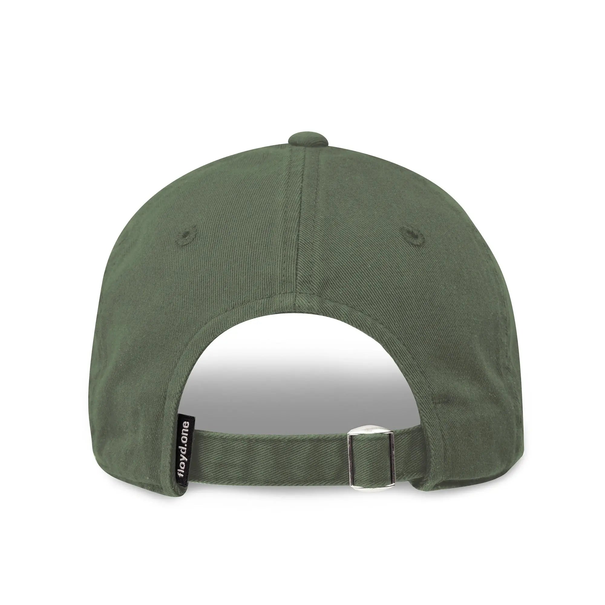 Back view of the Floyd Cotton Cap in Gator Green showing the adjustable strap and metal buckle.
