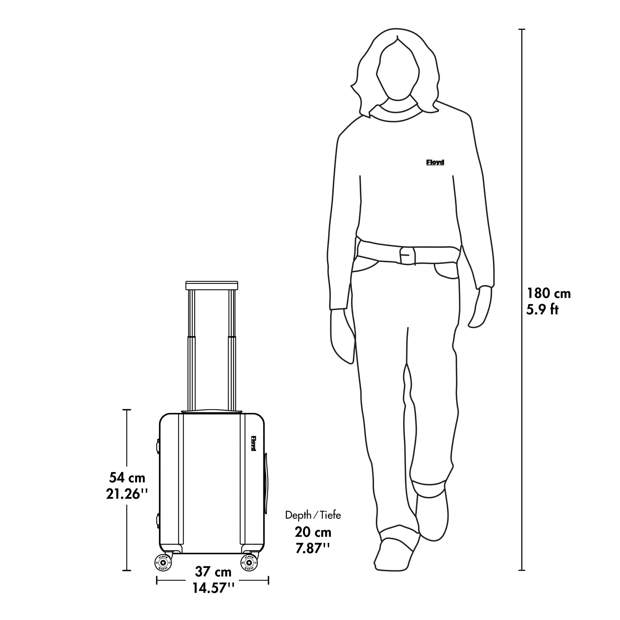 Abmessungen des Floyd Junior Koffers im Vergleich zu einer 180 cm großen Person