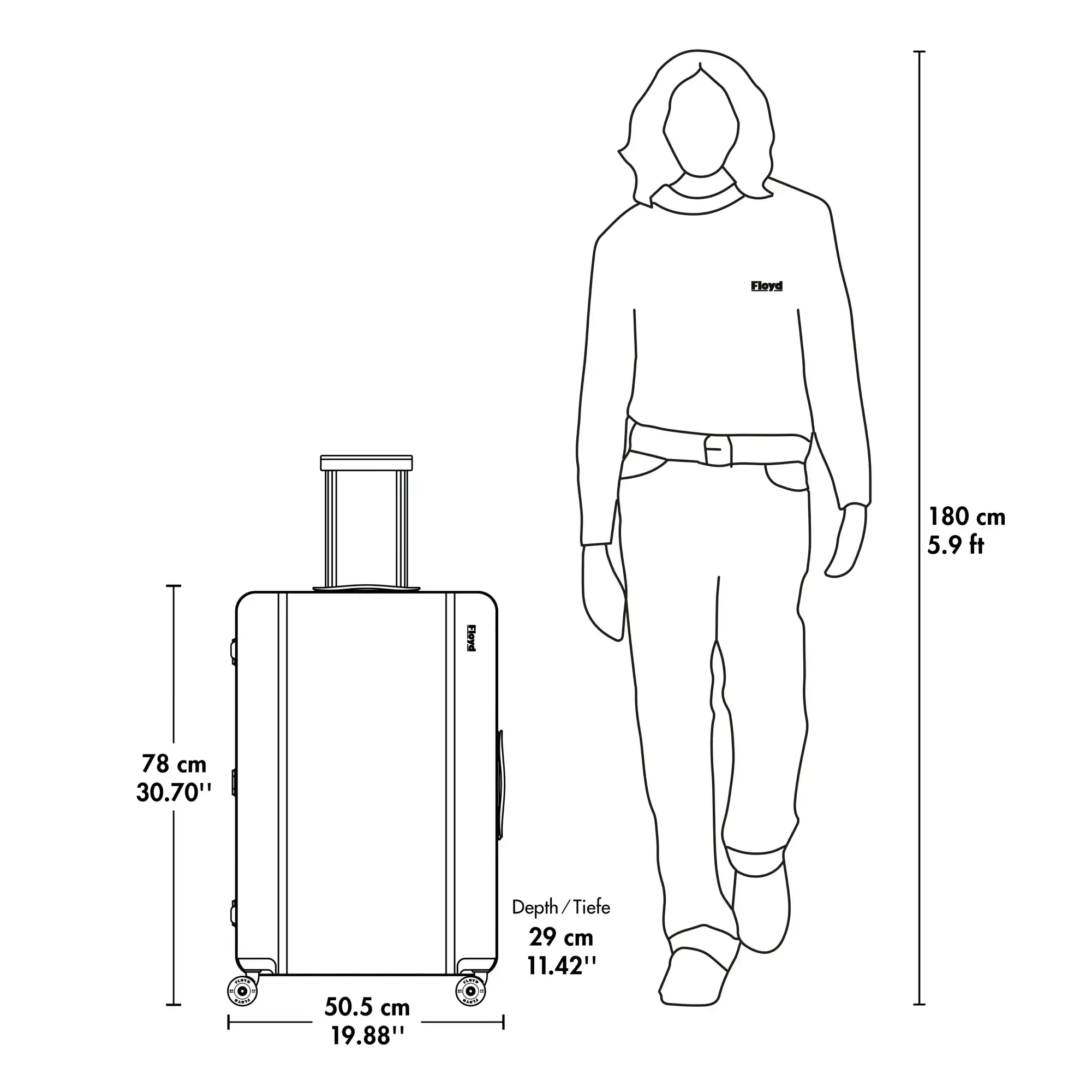 Floyd Trunk suitcase dimensions compared with a 180 cm person