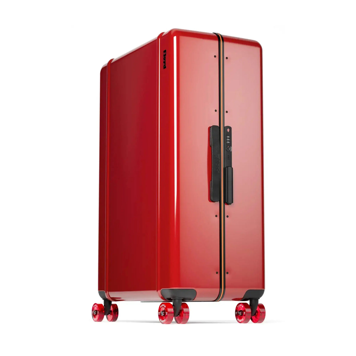 Three-quarter view of the Floyd Trunk suitcase in Bahia Red