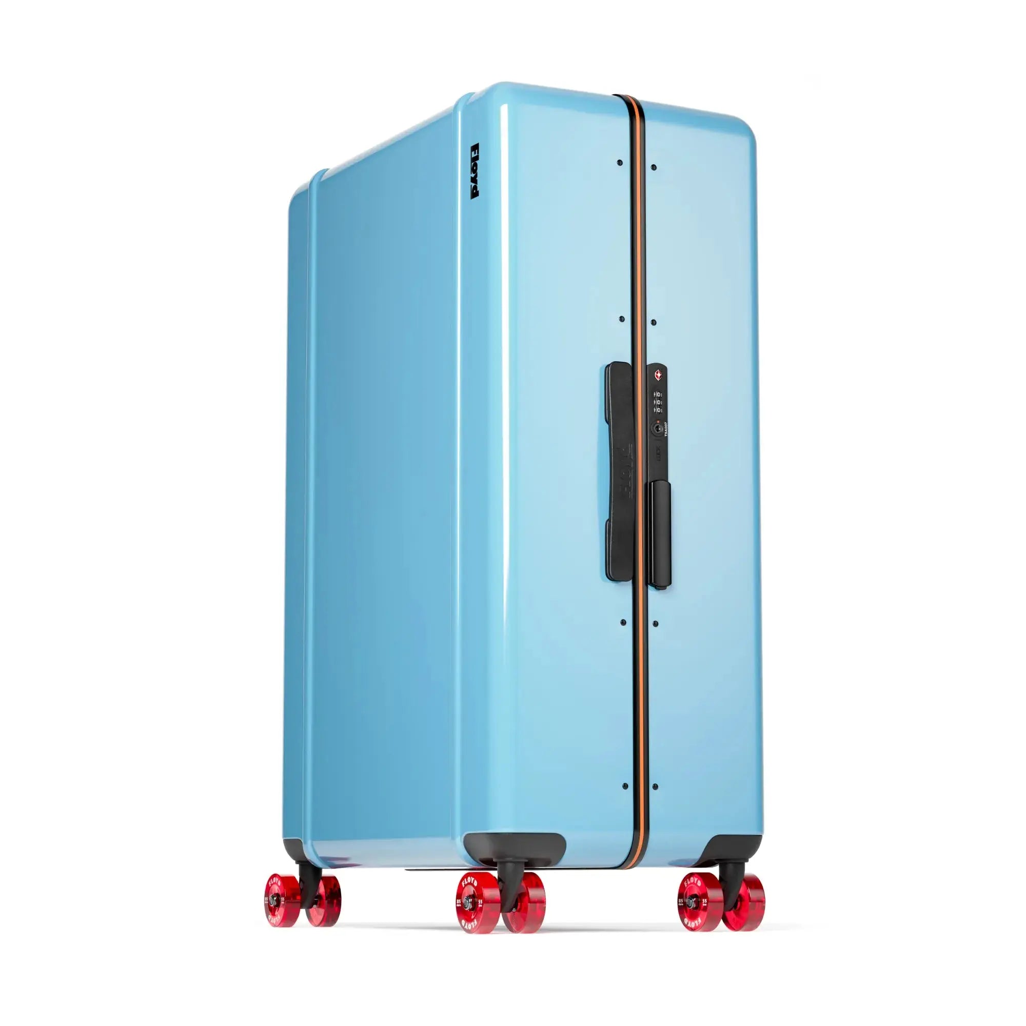 Three-quarter view of the Floyd Trunk suitcase in Miami Blue