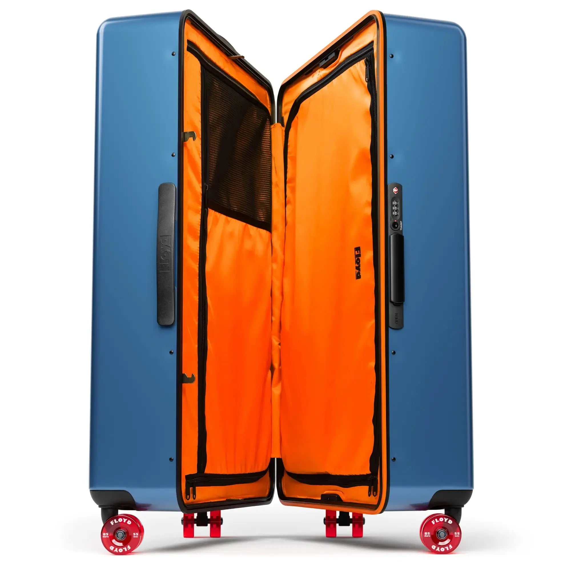 Open interior of the Floyd Trunk suitcase in Pacific Blue