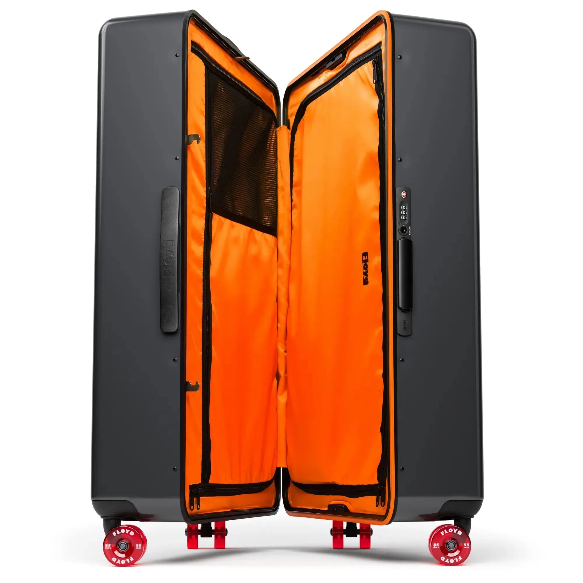 Open interior of the Floyd Trunk suitcase in Tarmac Grey