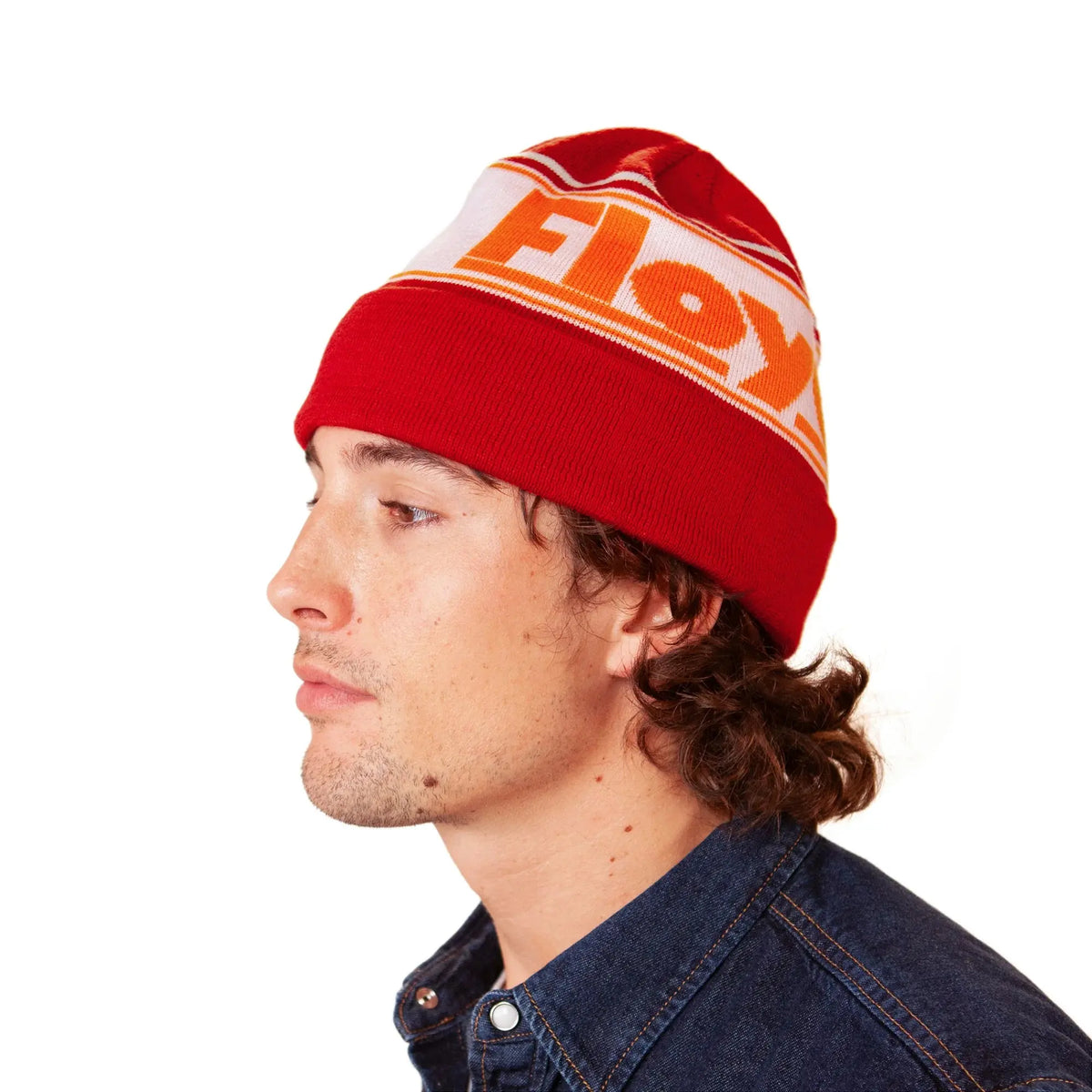 Beanie worn by a model – Floyd Beanie in Bahia Red