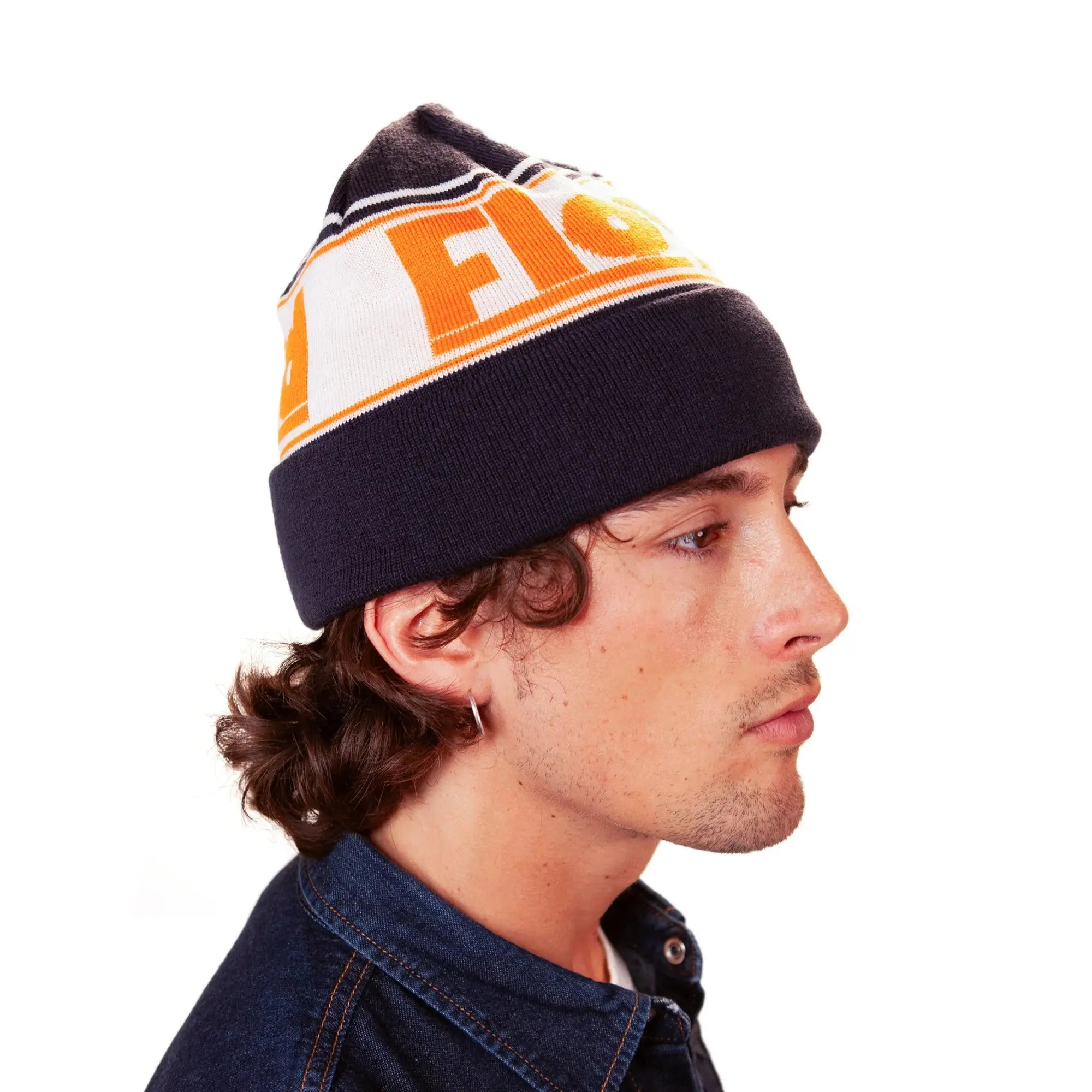 Beanie worn by a model – Floyd Beanie in Shark Blue