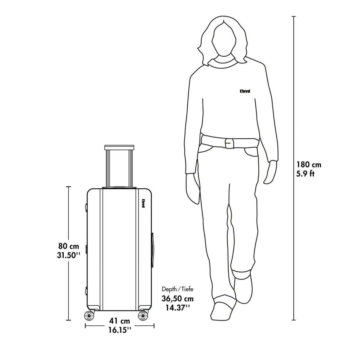 Floyd Bold suitcase dimensions compared with a 180 cm person