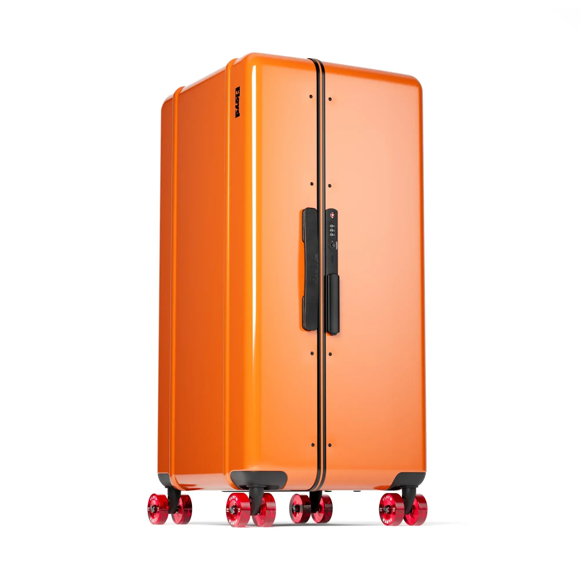 Three-quarter view of the Floyd Bold suitcase in Hot Orange