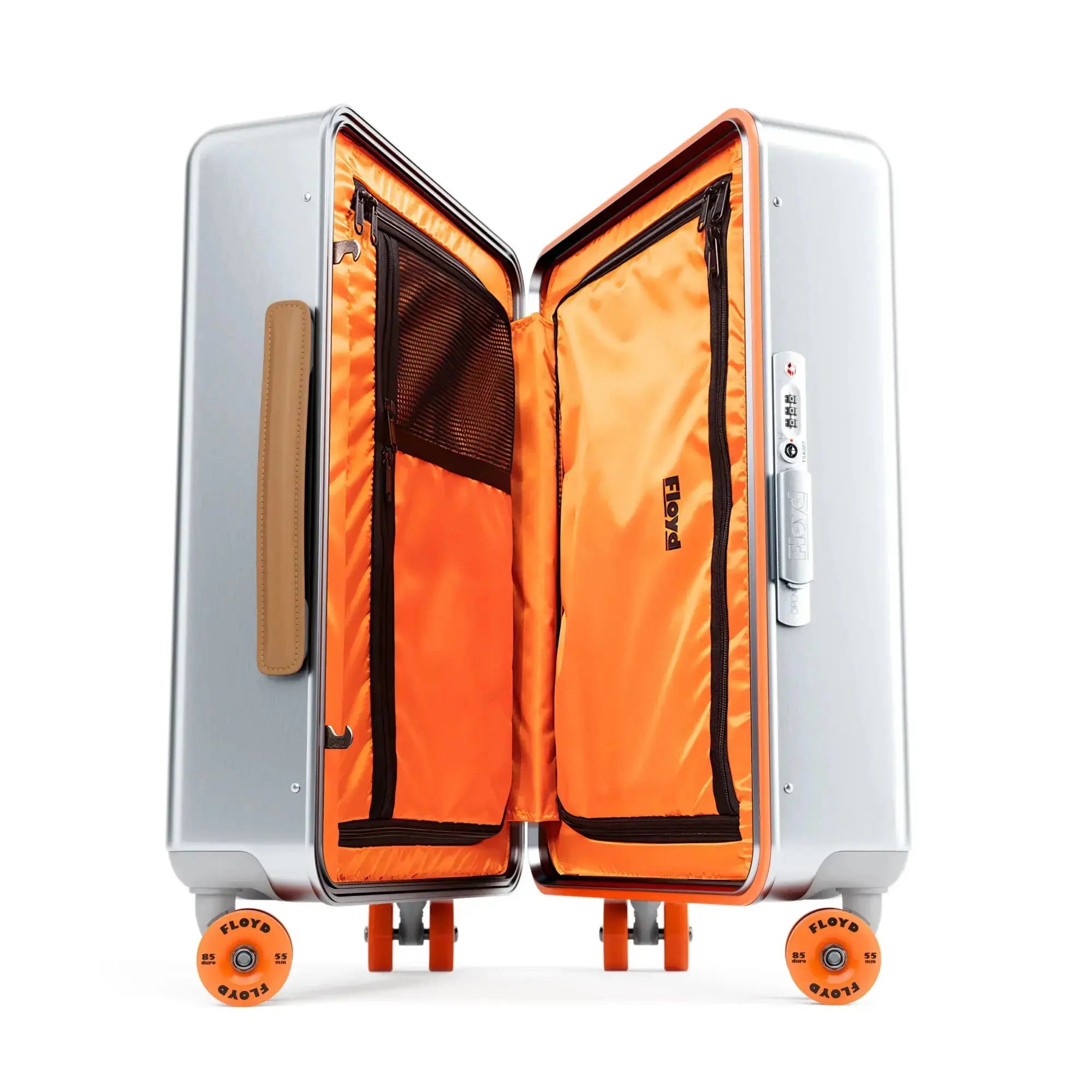 Open interior of the Floyd Cabin Aluminum suitcase in Silverglider