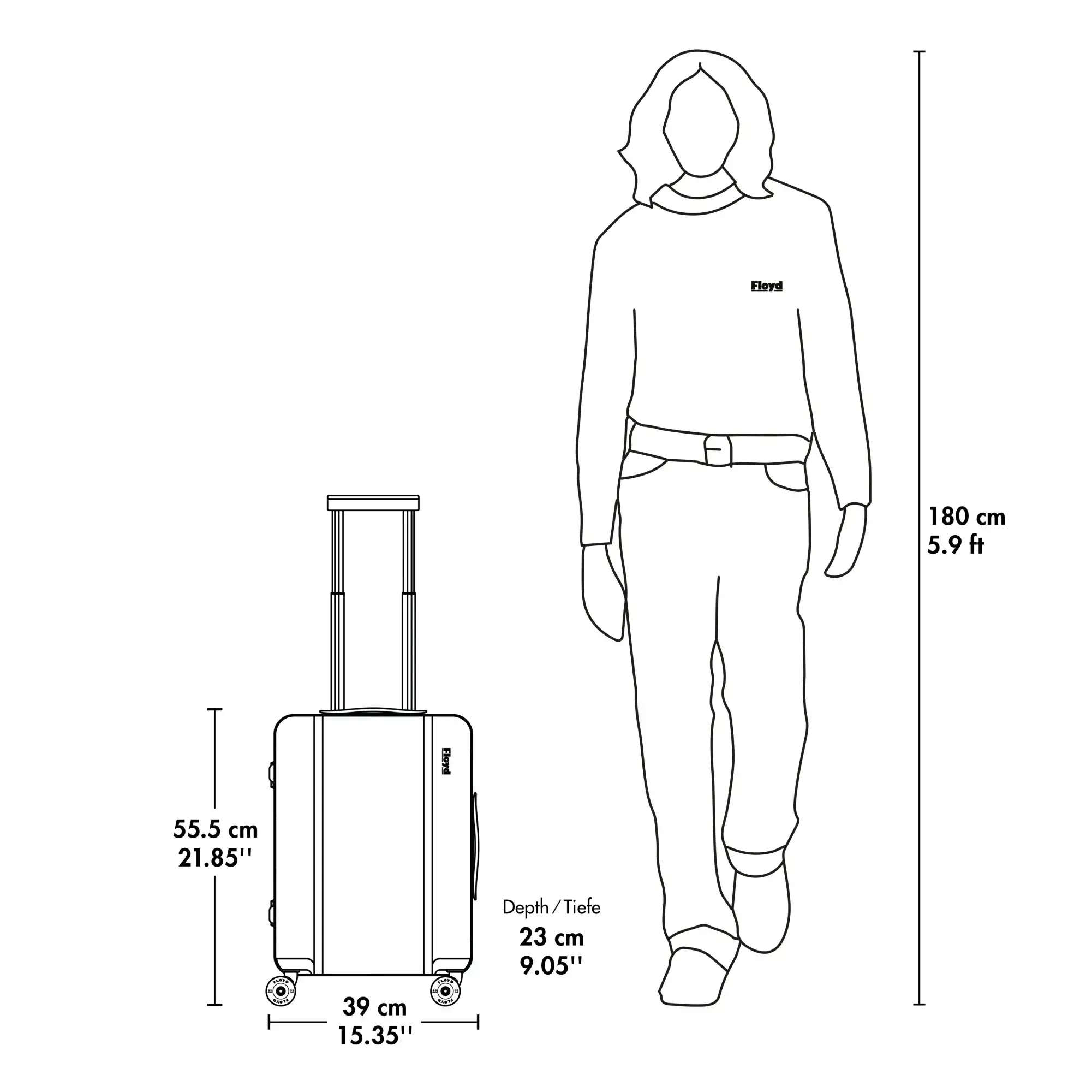 Floyd Cabin suitcase dimensions compared with a 180 cm person