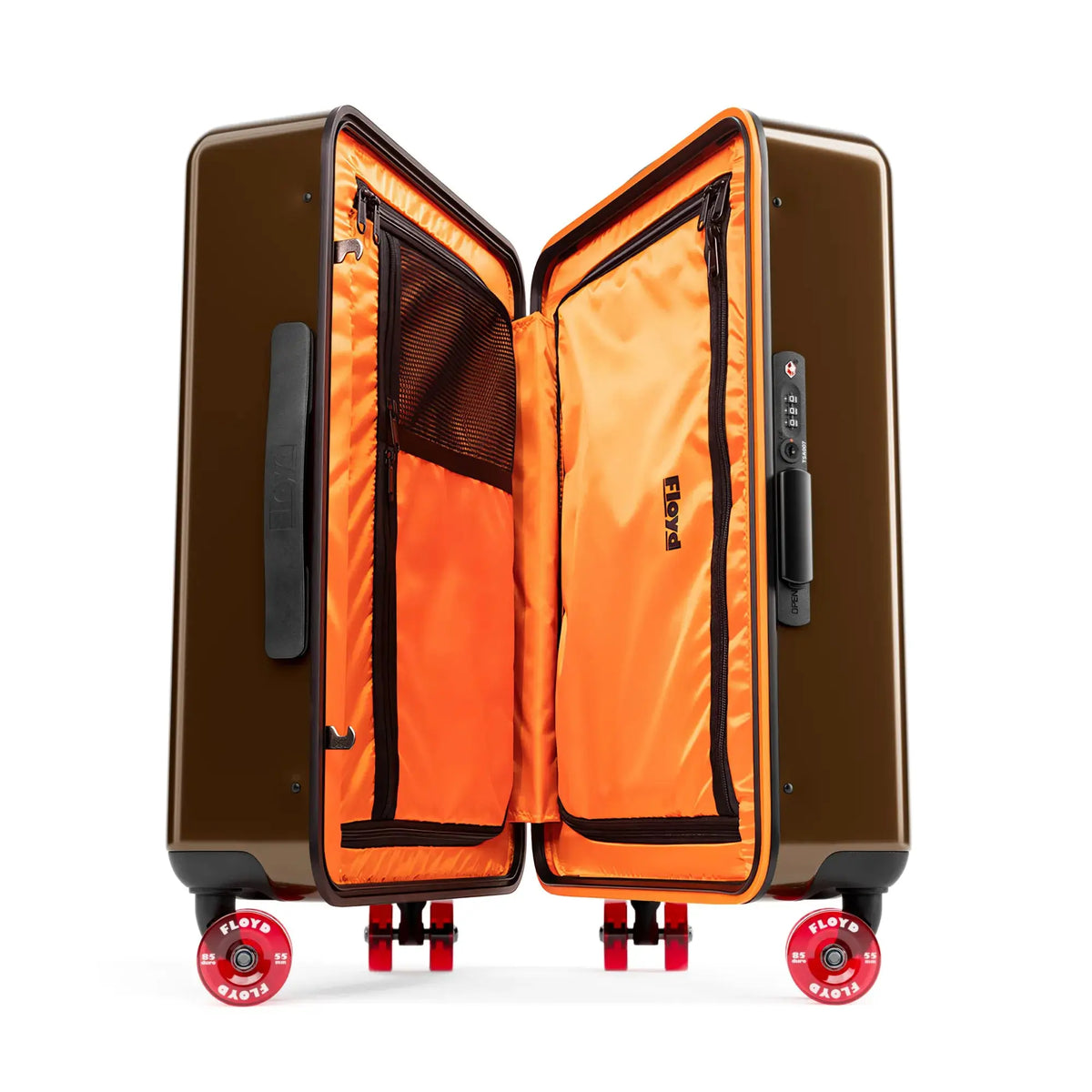 Open interior of the Floyd Cabin suitcase in Bronco Brown