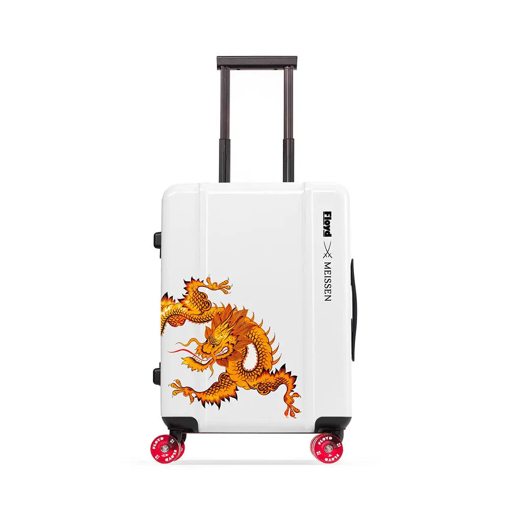 Front view of the Floyd x Meissen Cabin suitcase with orange dragon artwork