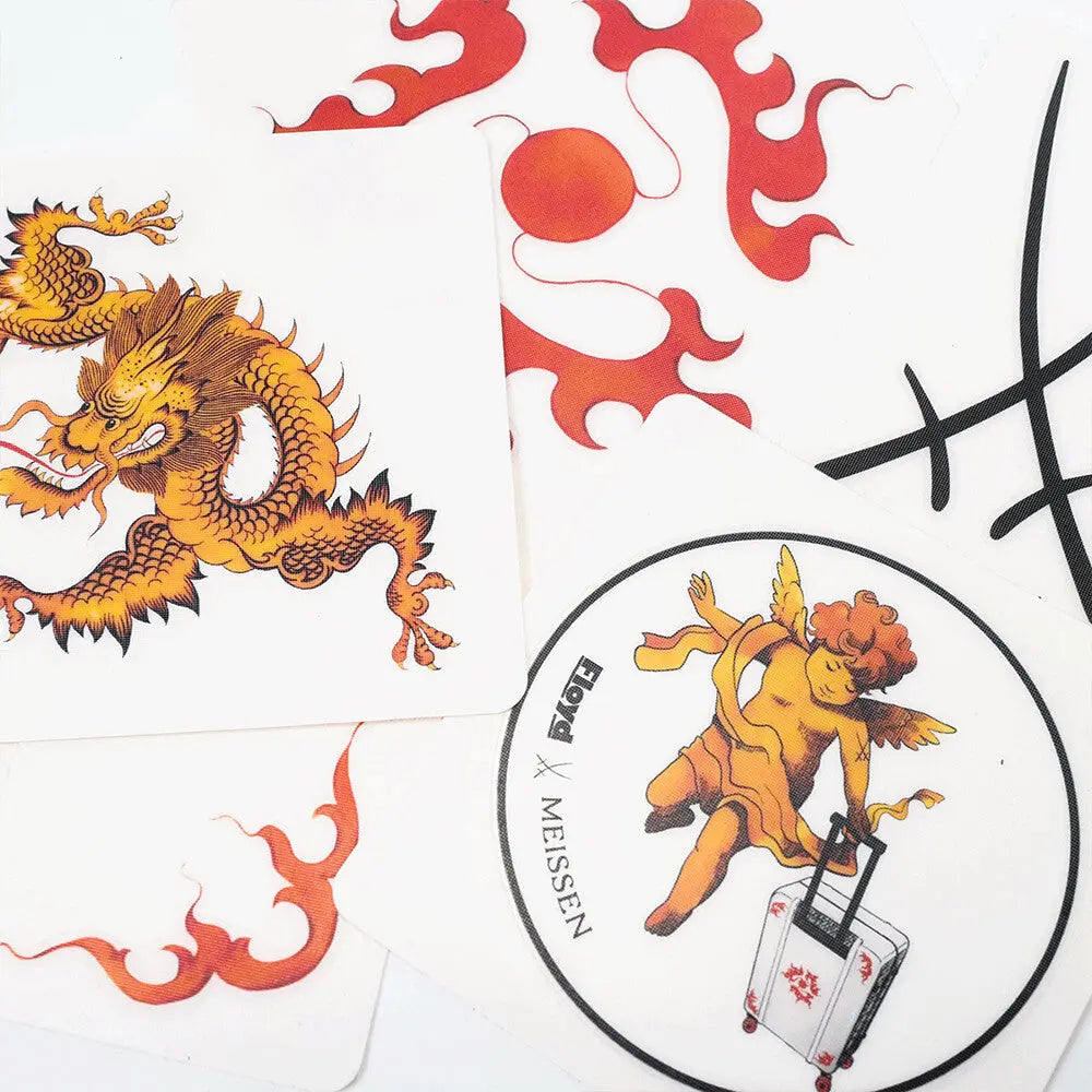 Floyd x Meissen travel artwork with dragon, flames and cherub