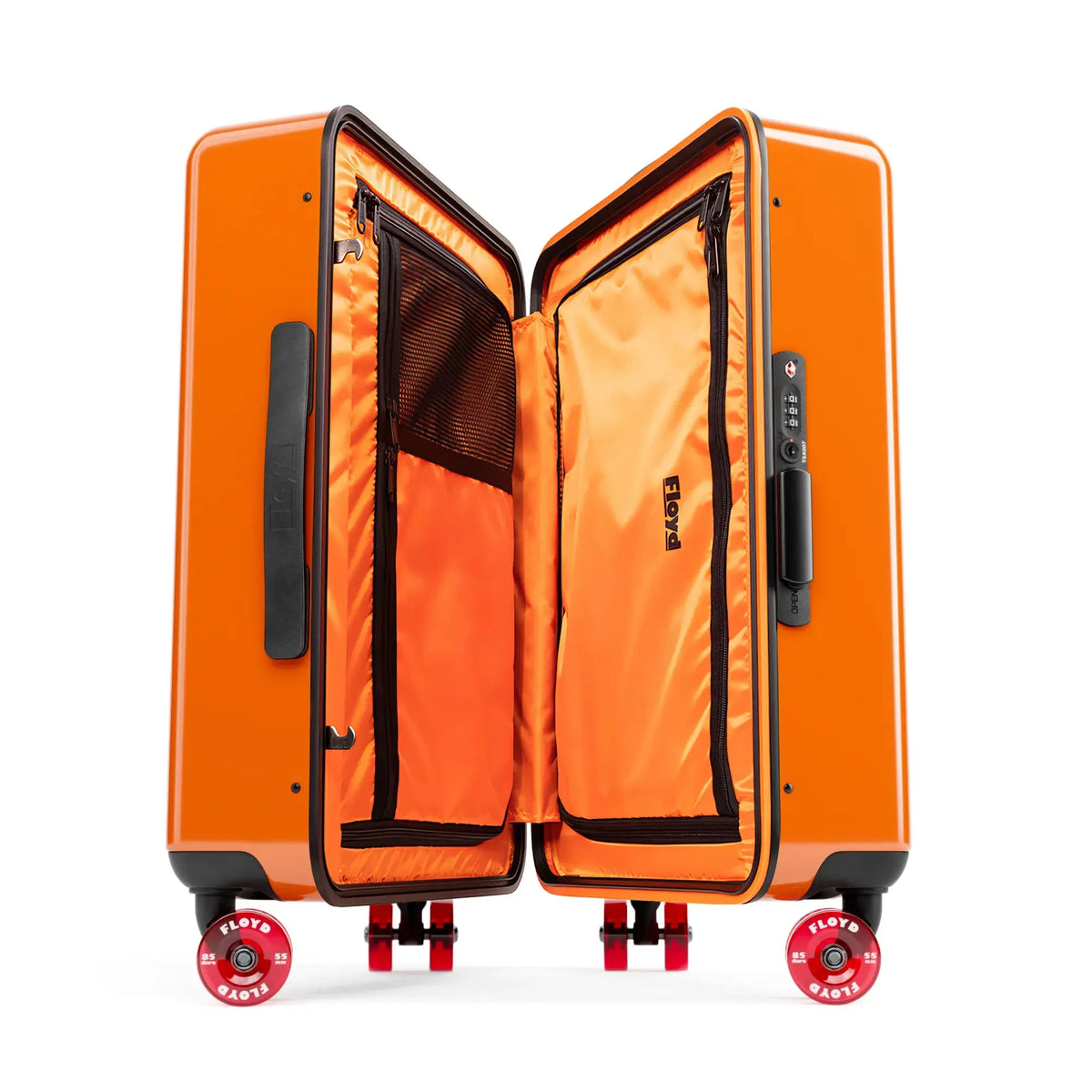 Open interior of the Floyd Cabin suitcase in Hot Orange
