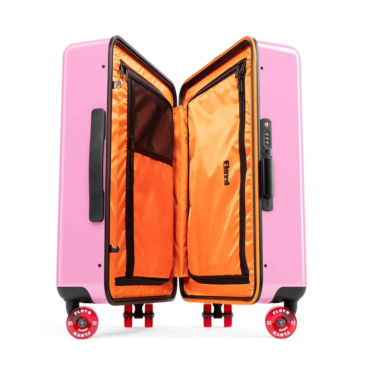 Open interior of the Floyd Cabin suitcase in Sugar Pink