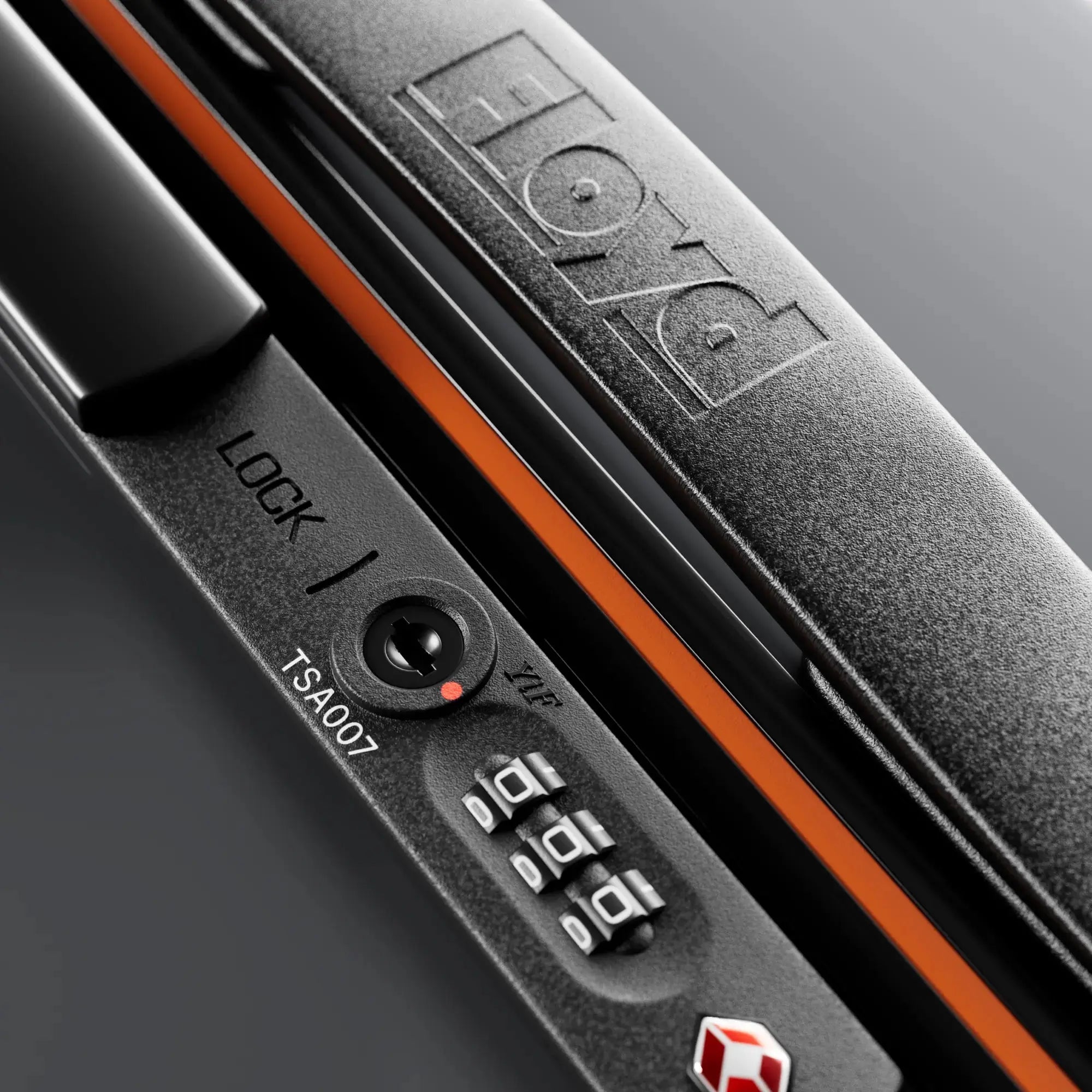 TSA combination lock detail on the Floyd Cabin suitcase in Tarmac Grey