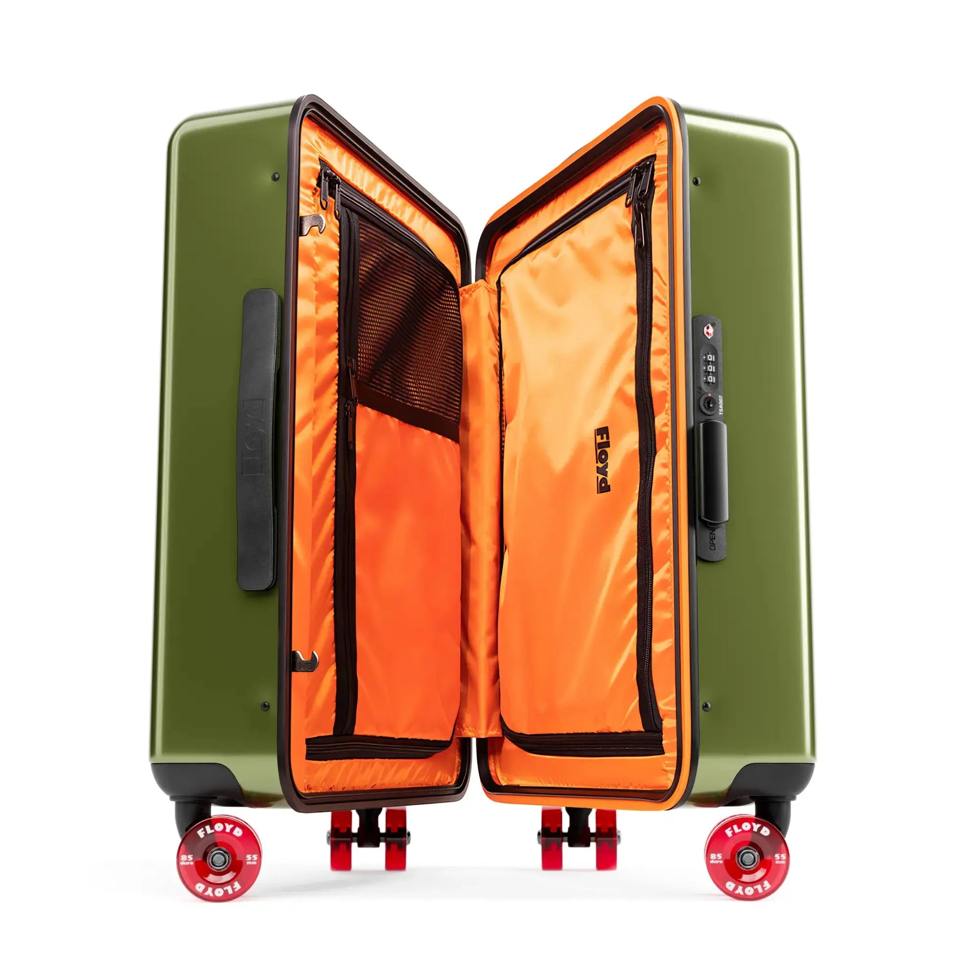 Open interior of the Floyd Cabin suitcase in Vegas Green