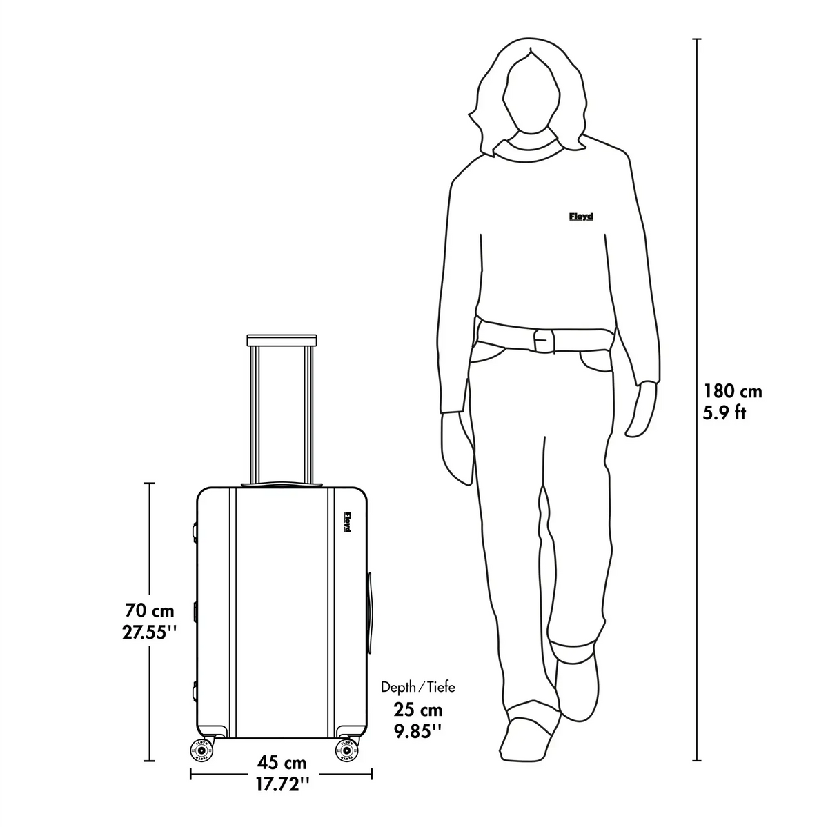 Floyd Check-In suitcase dimensions compared with a 180 cm person