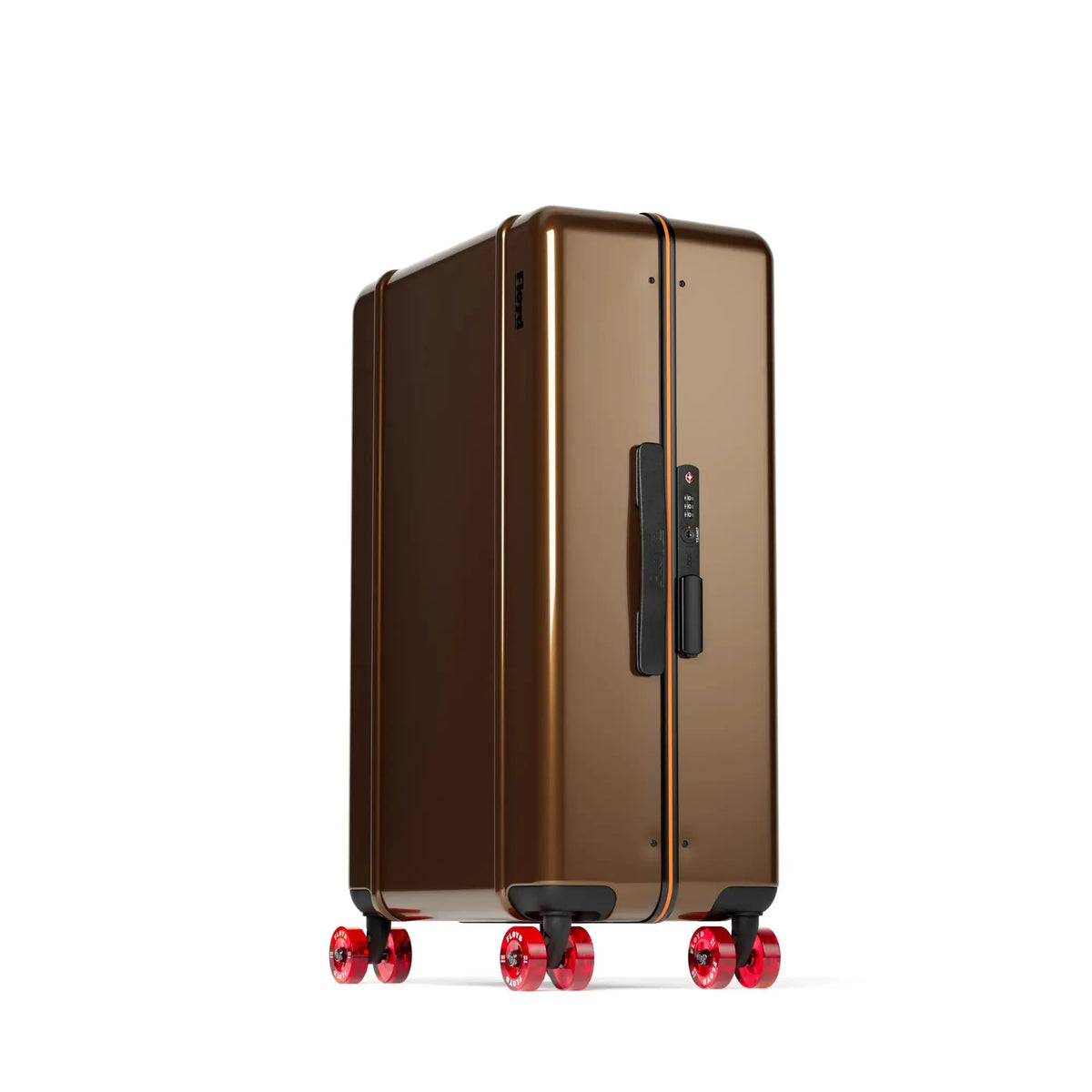 Three-quarter view of the Floyd Check-In suitcase in Bronco Brown