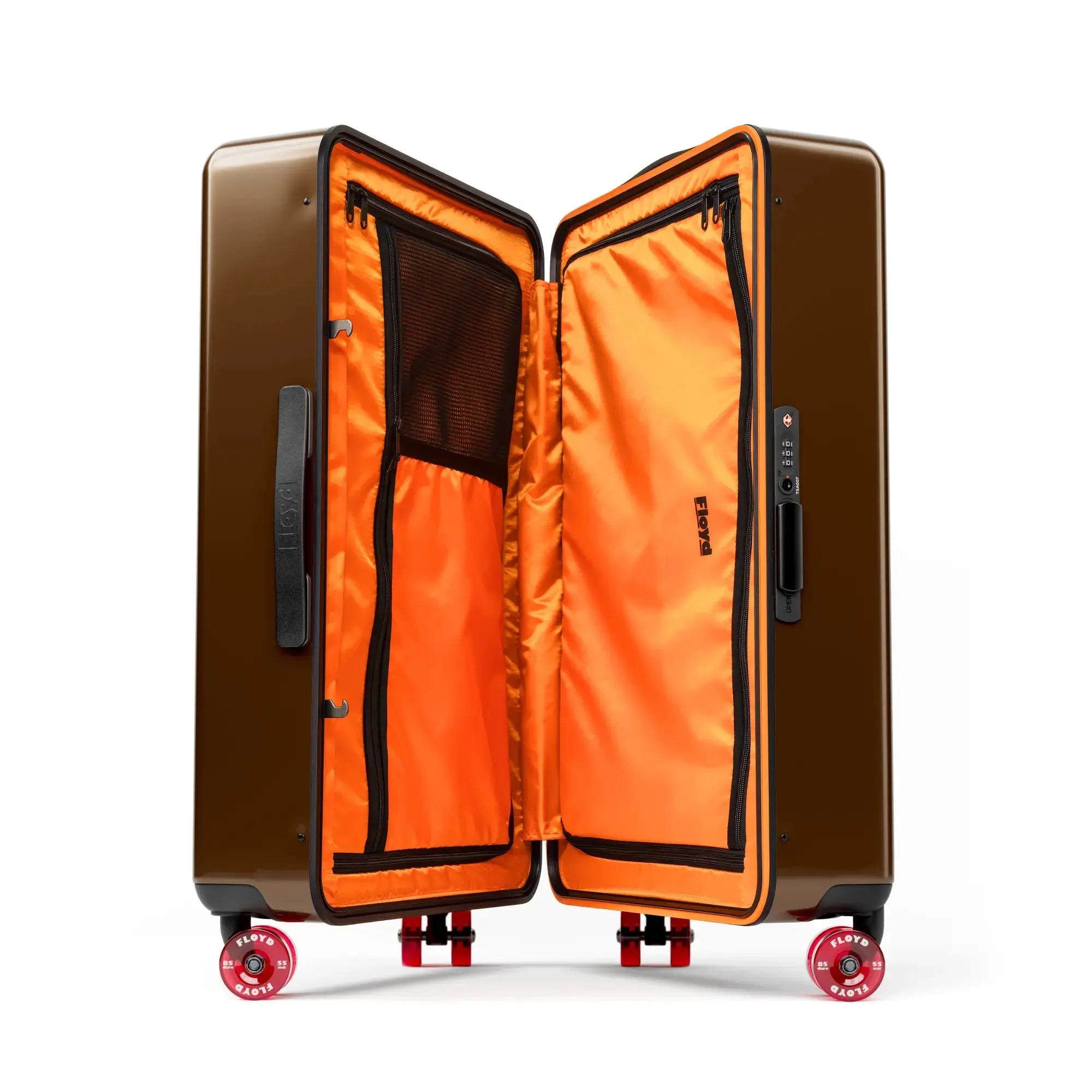 Open interior of the Floyd Check-In suitcase in Bronco Brown