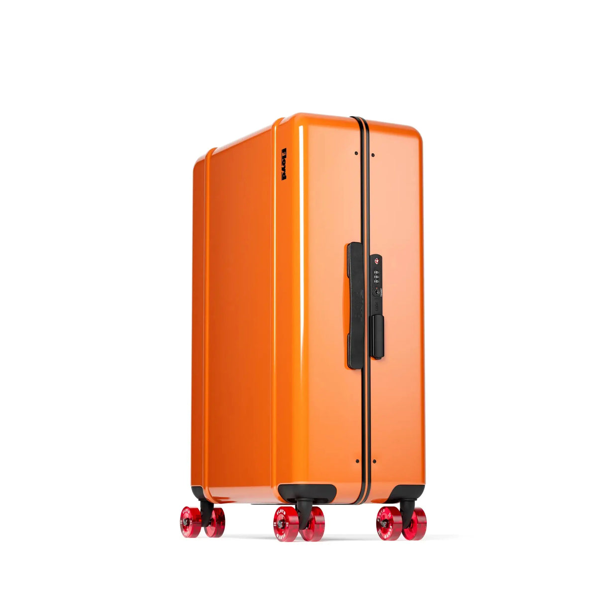 Three-quarter view of the Floyd Check-In suitcase in Hot Orange