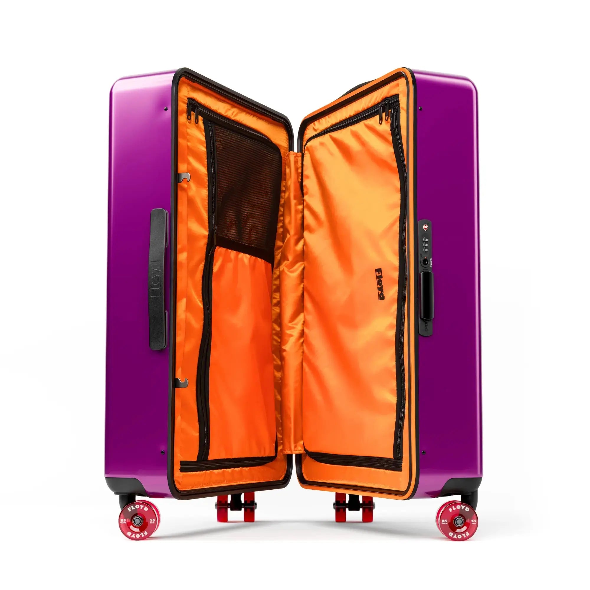 Open interior of the Floyd Check-In suitcase in Magic Purple