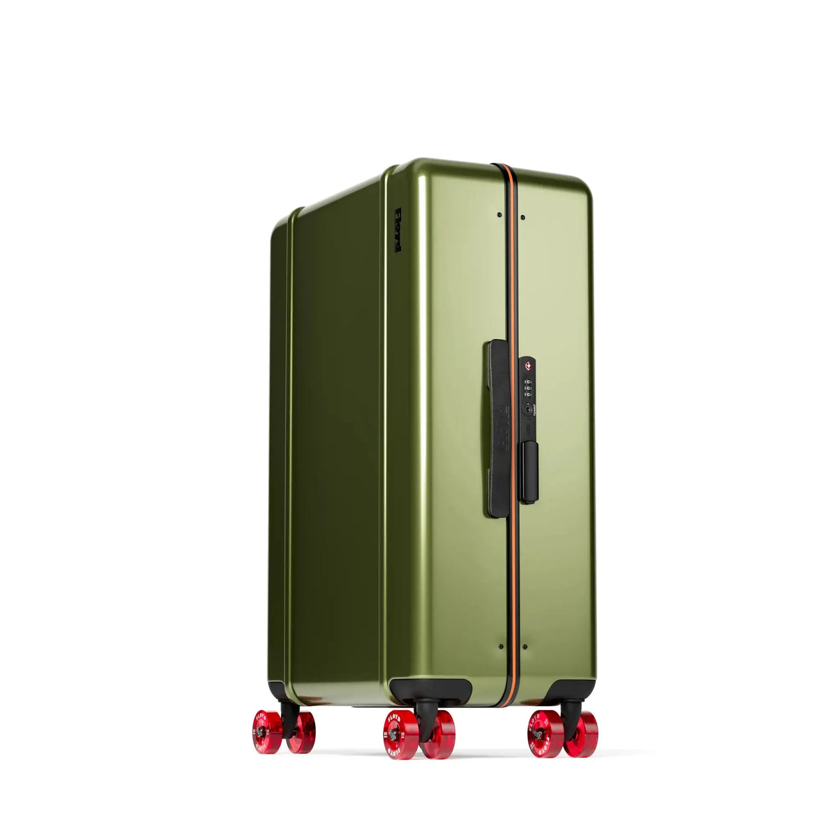 Three-quarter view of the Floyd Check-In suitcase in Vegas Green