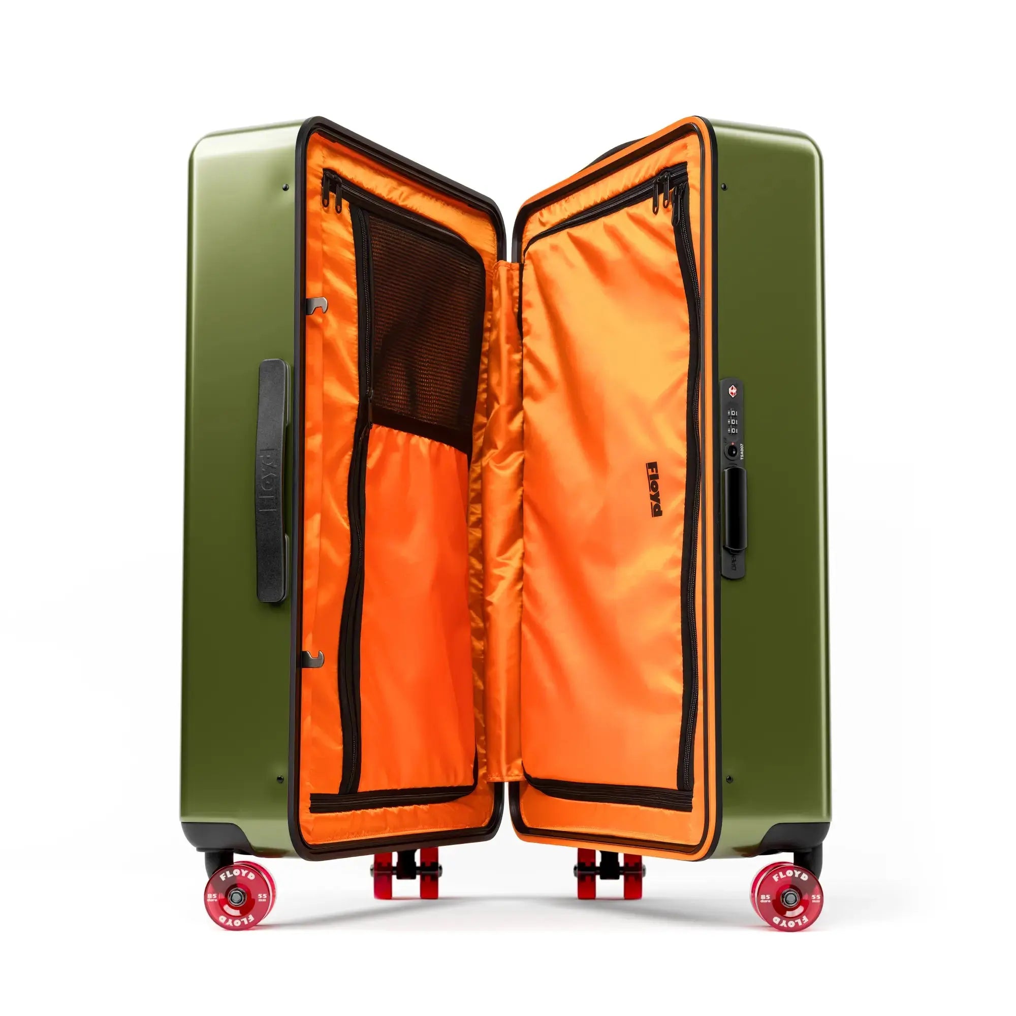 Open interior of the Floyd Check-In suitcase in Vegas Green