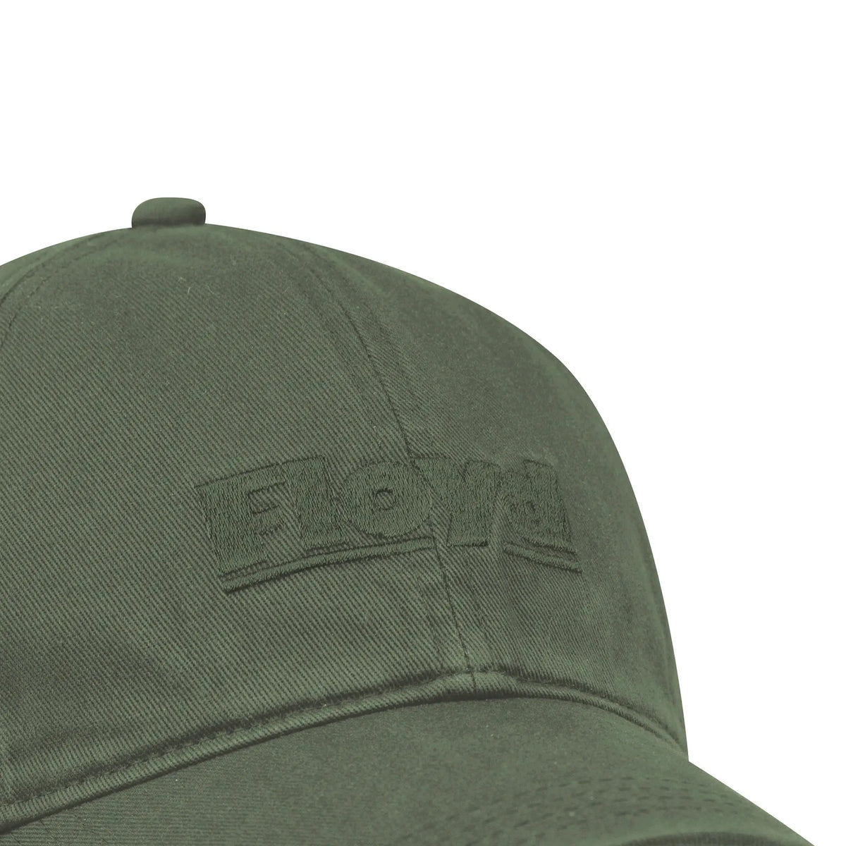 Close-up of the embroidered Floyd logo on the Cotton Cap in Gator Green.