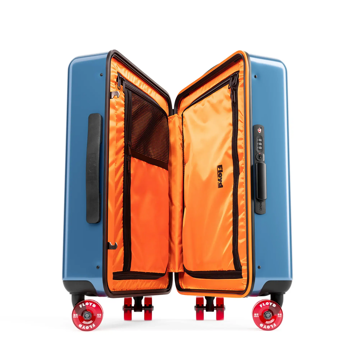 Geöffneter Innenraum des Floyd Junior Koffers in Pacific Blue mit orangefarbenem Innenfutter