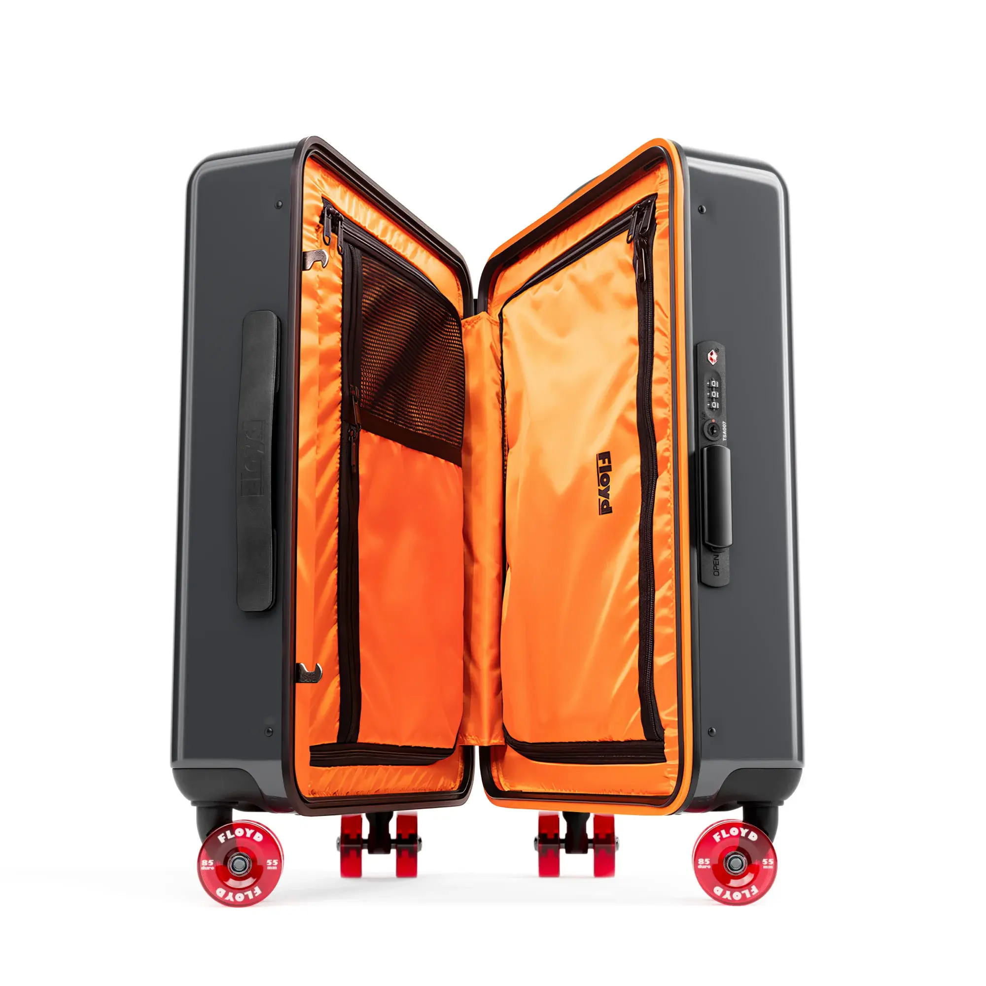Geöffneter Innenraum des Floyd Junior Koffers in Tarmac Grey mit orangefarbenem Innenfutter