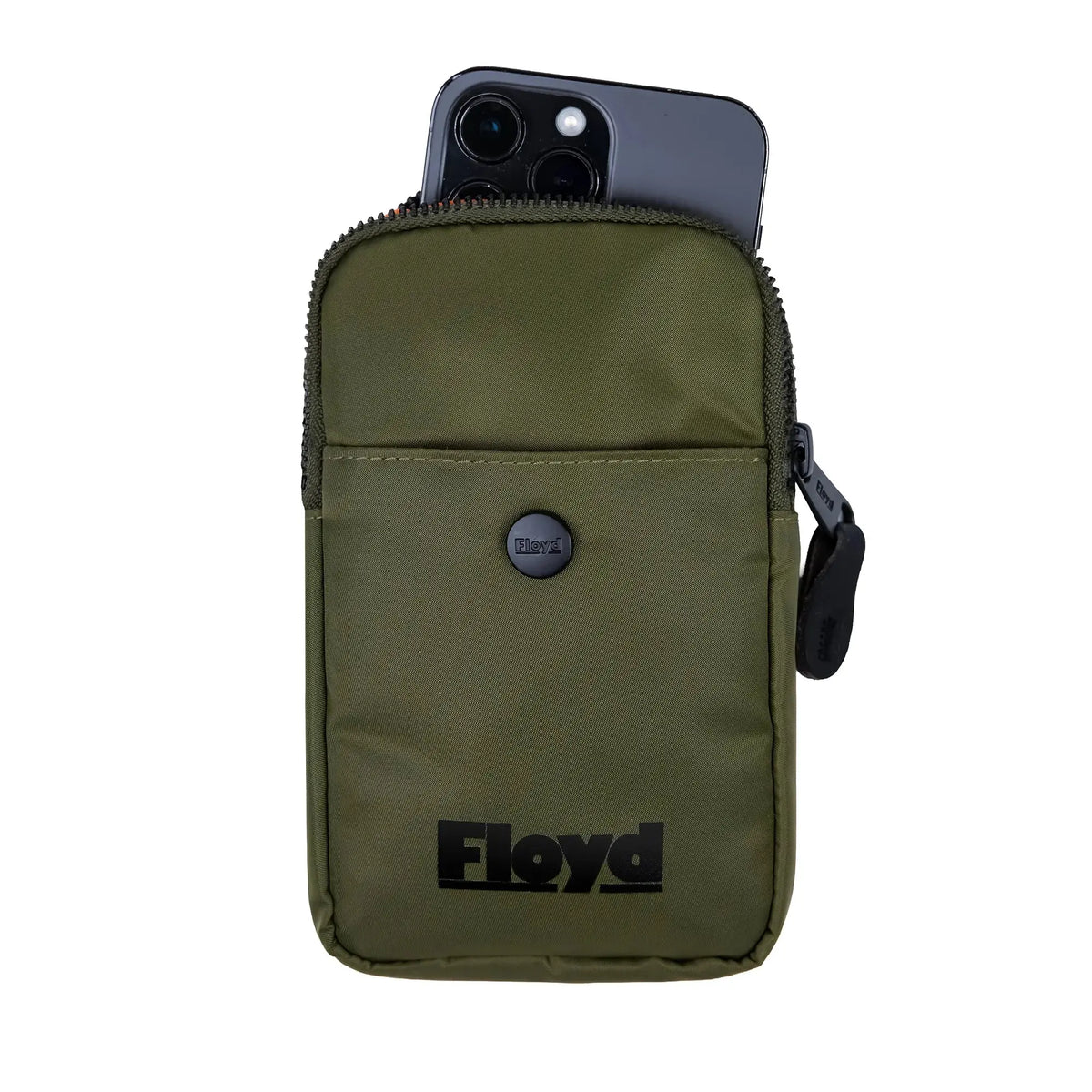 Floyd Phone Pouch in Gator Green with a smartphone inserted