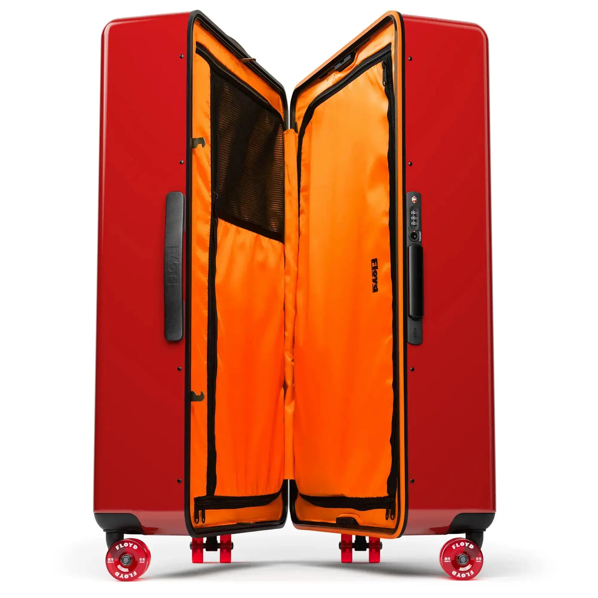 Open interior of the Floyd Trunk suitcase in Bahia Red