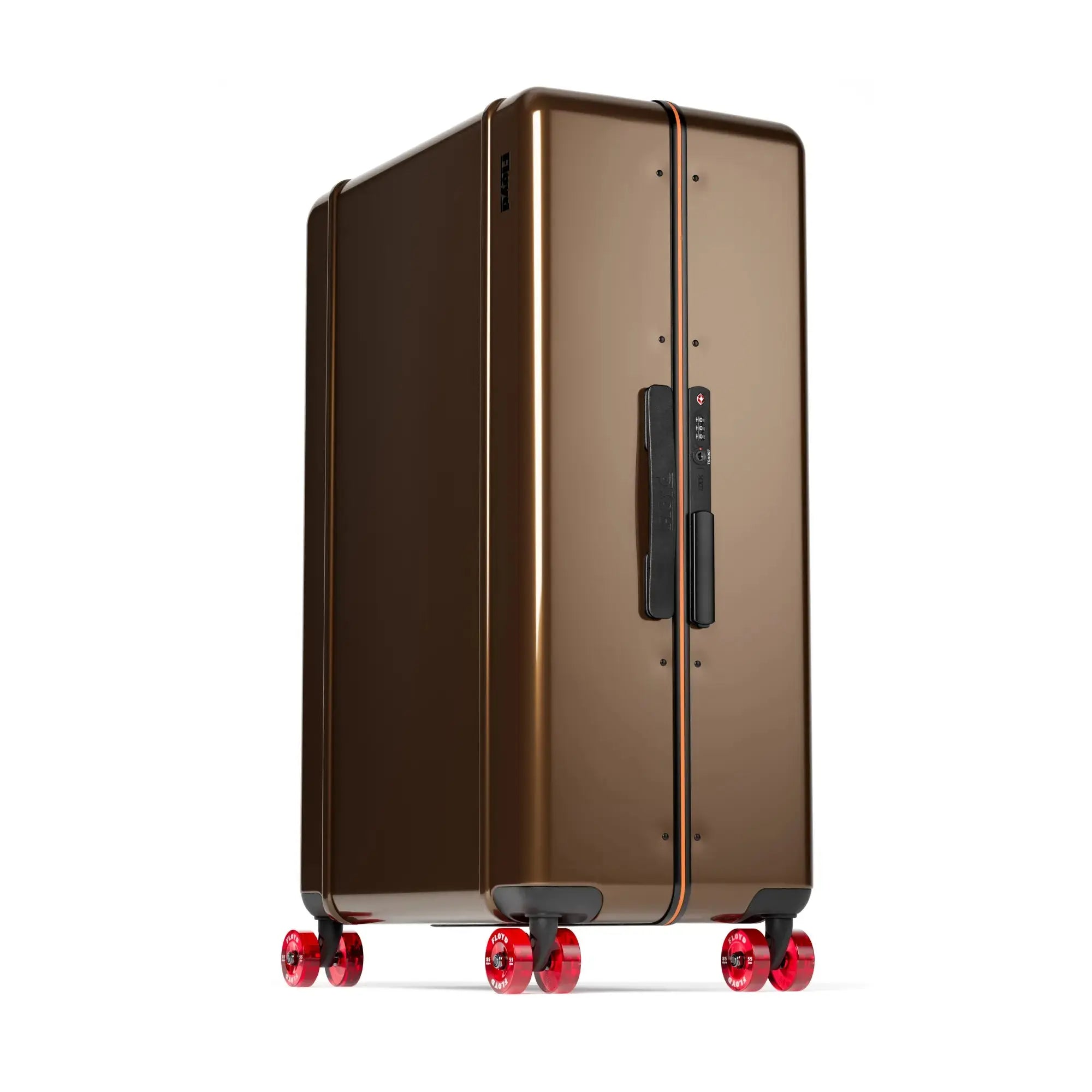 Three-quarter view of the Floyd Trunk suitcase in Bronco Brown