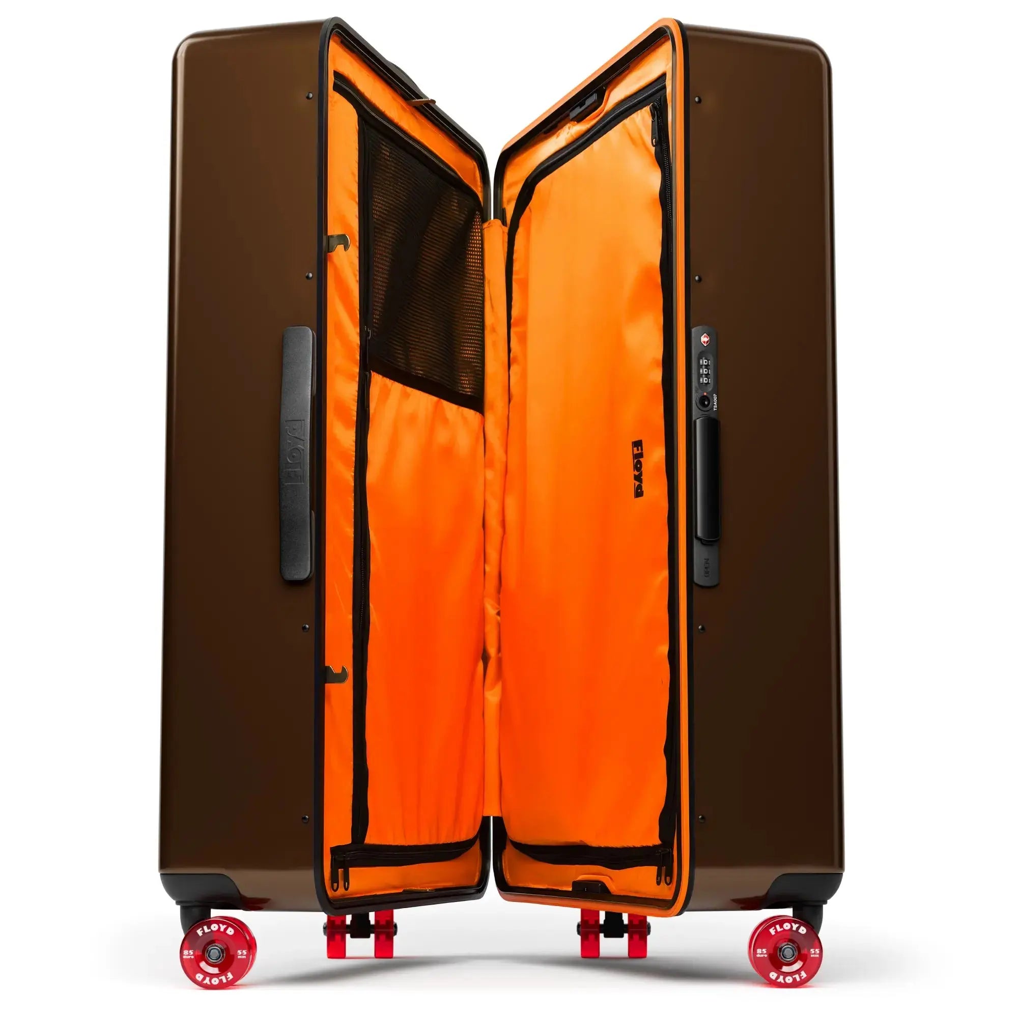 Open interior of the Floyd Trunk suitcase in Bronco Brown