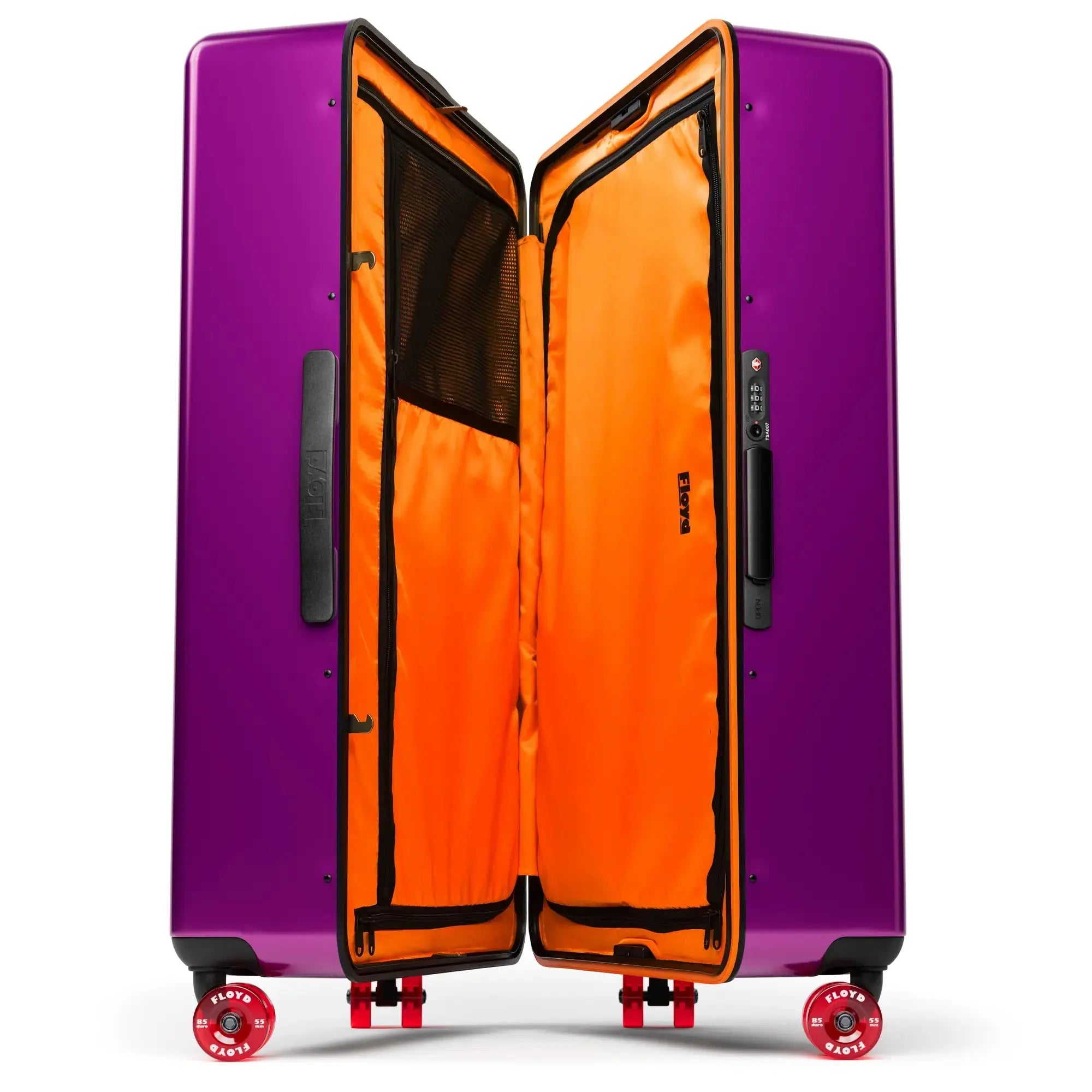Open interior of the Floyd Trunk suitcase in Magic Purple