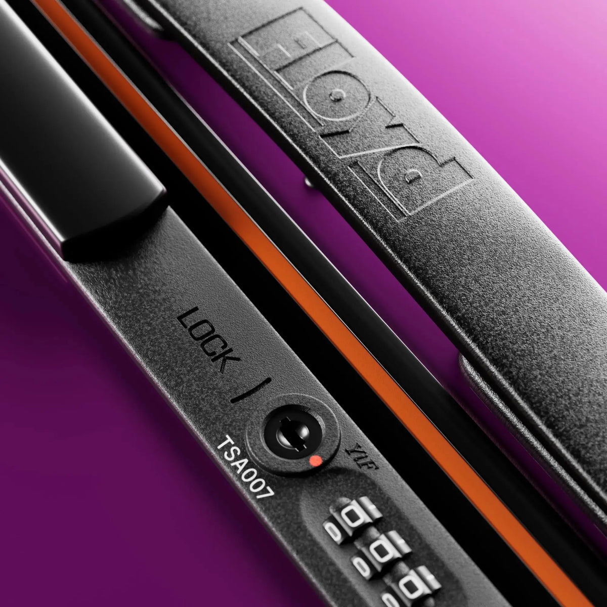 TSA combination lock detail on the Floyd Trunk suitcase in Magic Purple