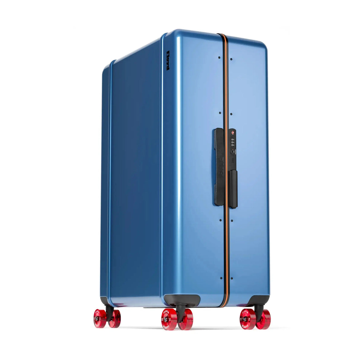 Three-quarter view of the Floyd Trunk suitcase in Pacific Blue