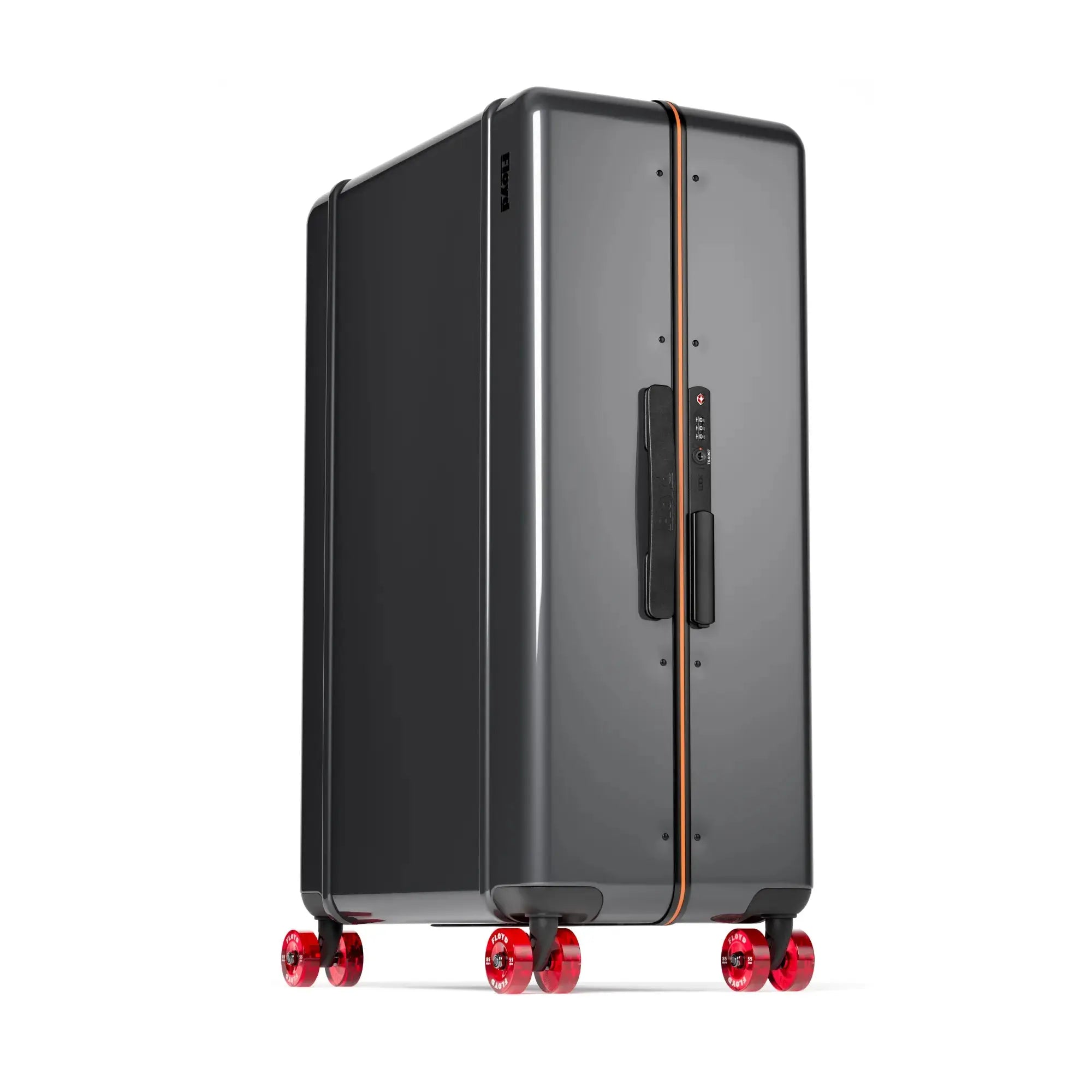 Three-quarter view of the Floyd Trunk suitcase in Tarmac Grey