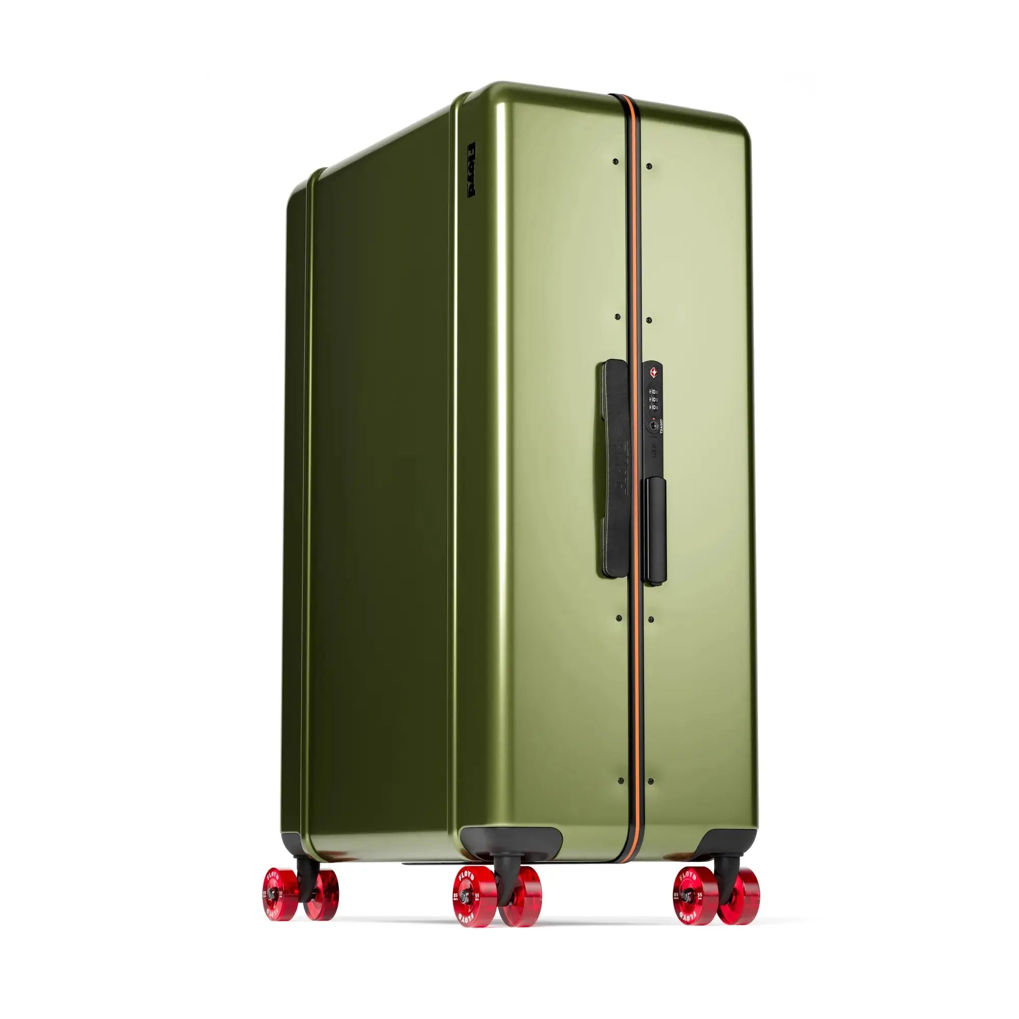 Three-quarter view of the Floyd Trunk suitcase in Vegas Green