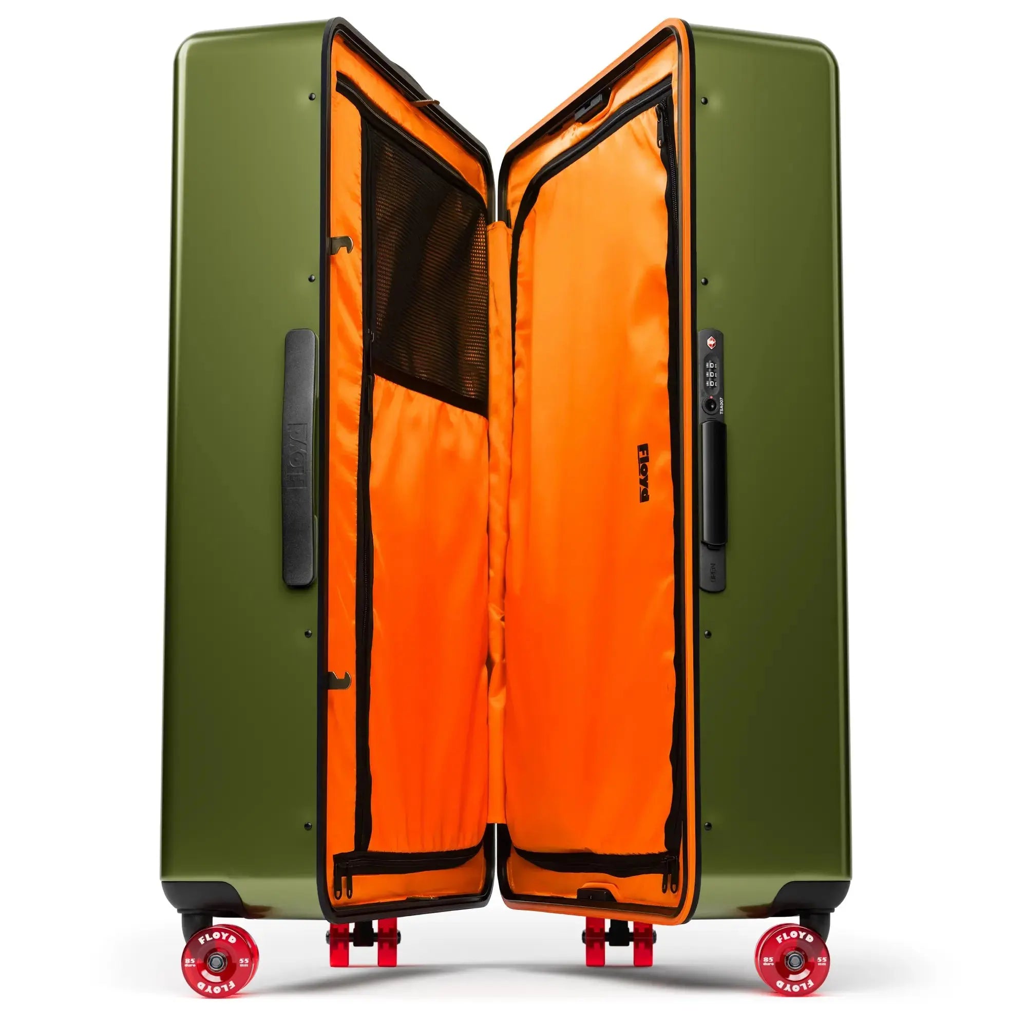 Open interior of the Floyd Trunk suitcase in Vegas Green
